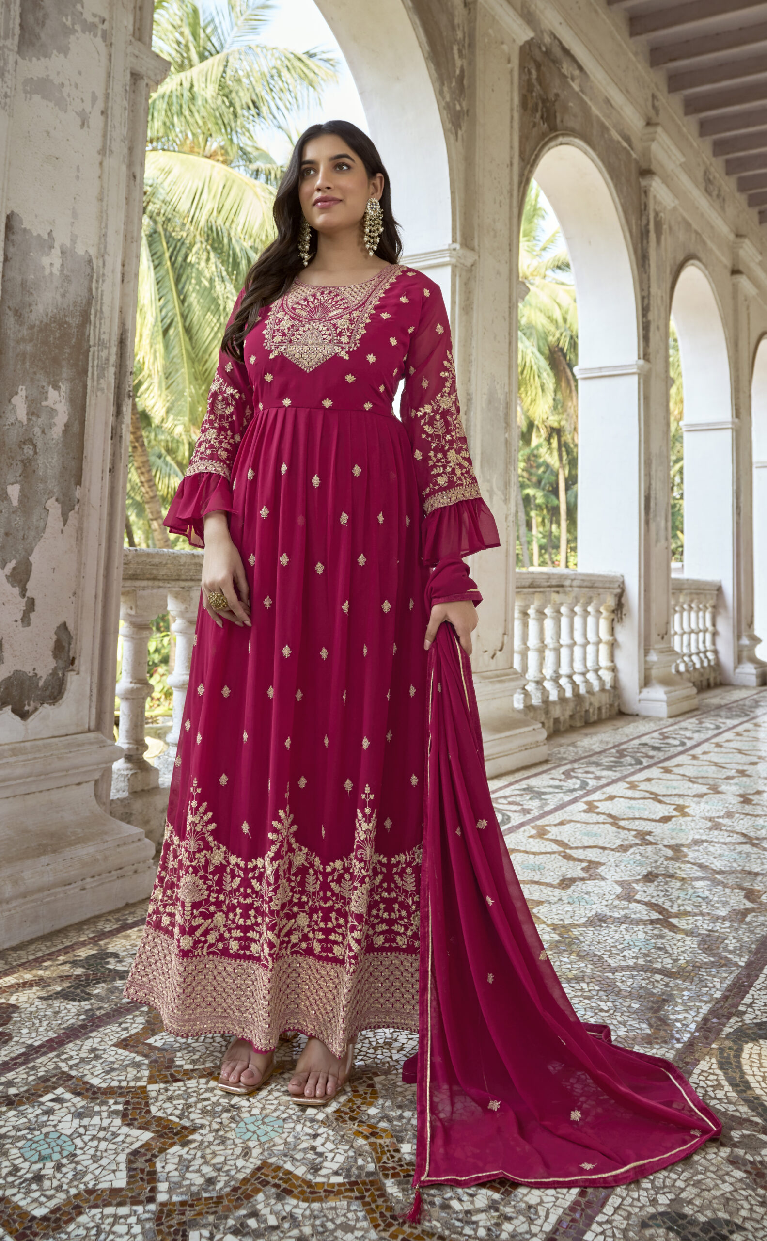Fancy Red Designer Embroidery Heavy Fox Georgette Long Suit With Heavy  Dupatta