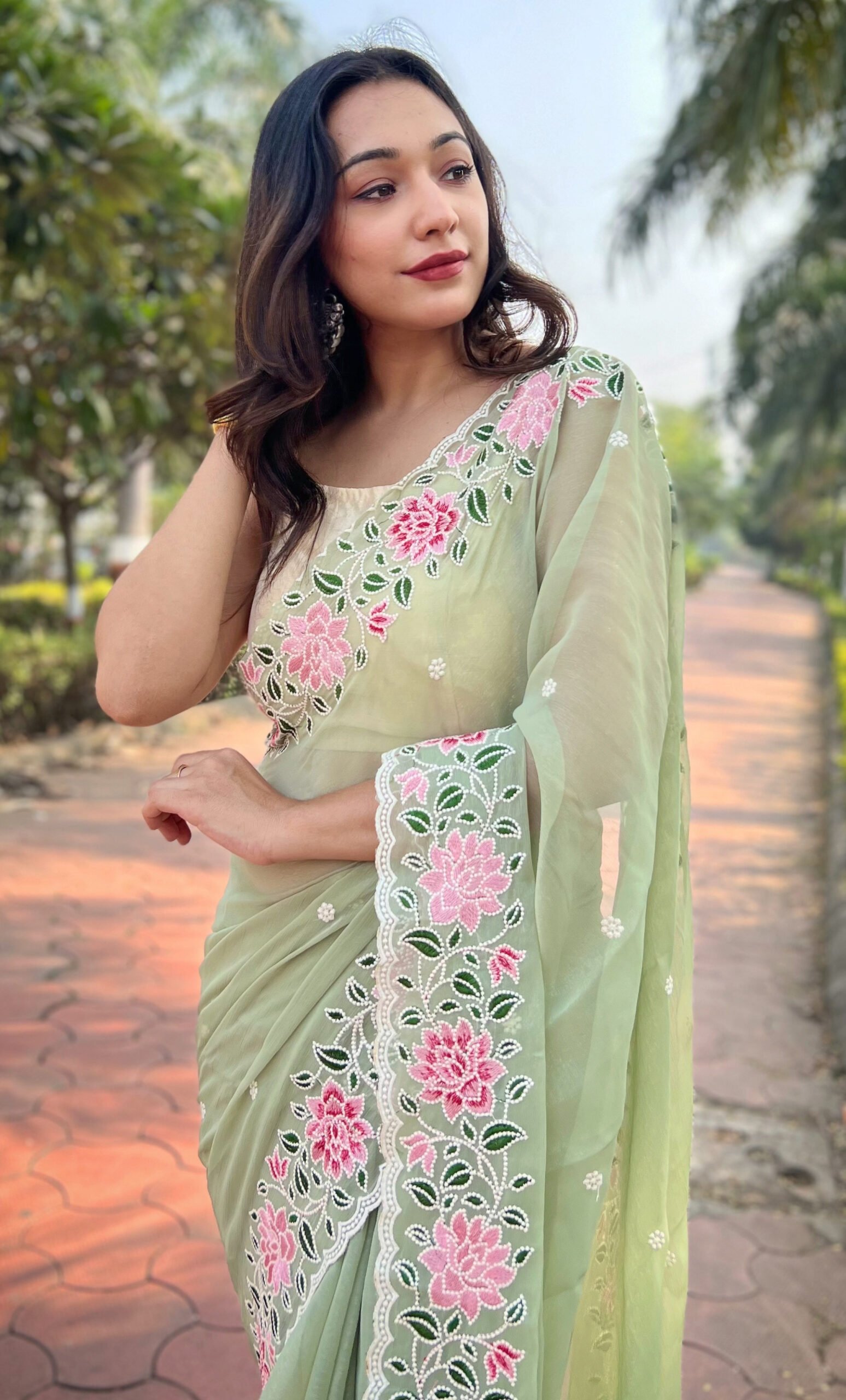 Pista Green Floral Printed Party Wear Georgette Saree Online FABSA22024  FABANZA