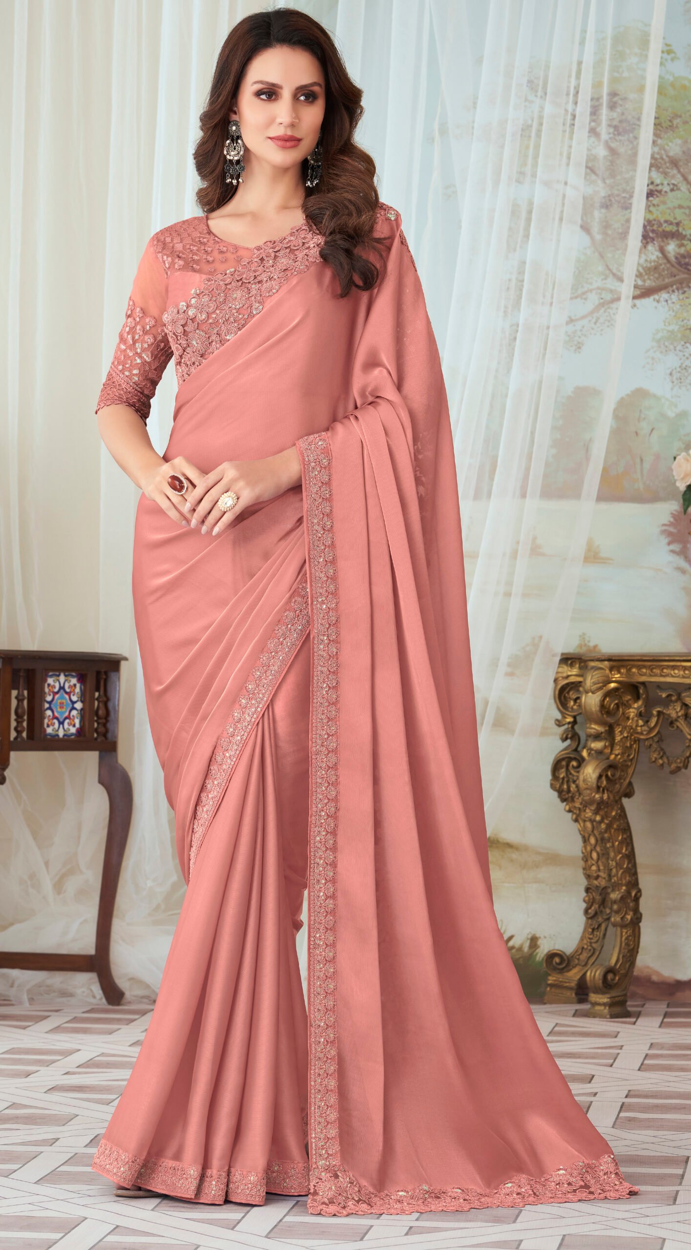 Buy Peach Benarasi Silk Zari Work Saree Wedding Wear Online at Best Price |  Cbazaar