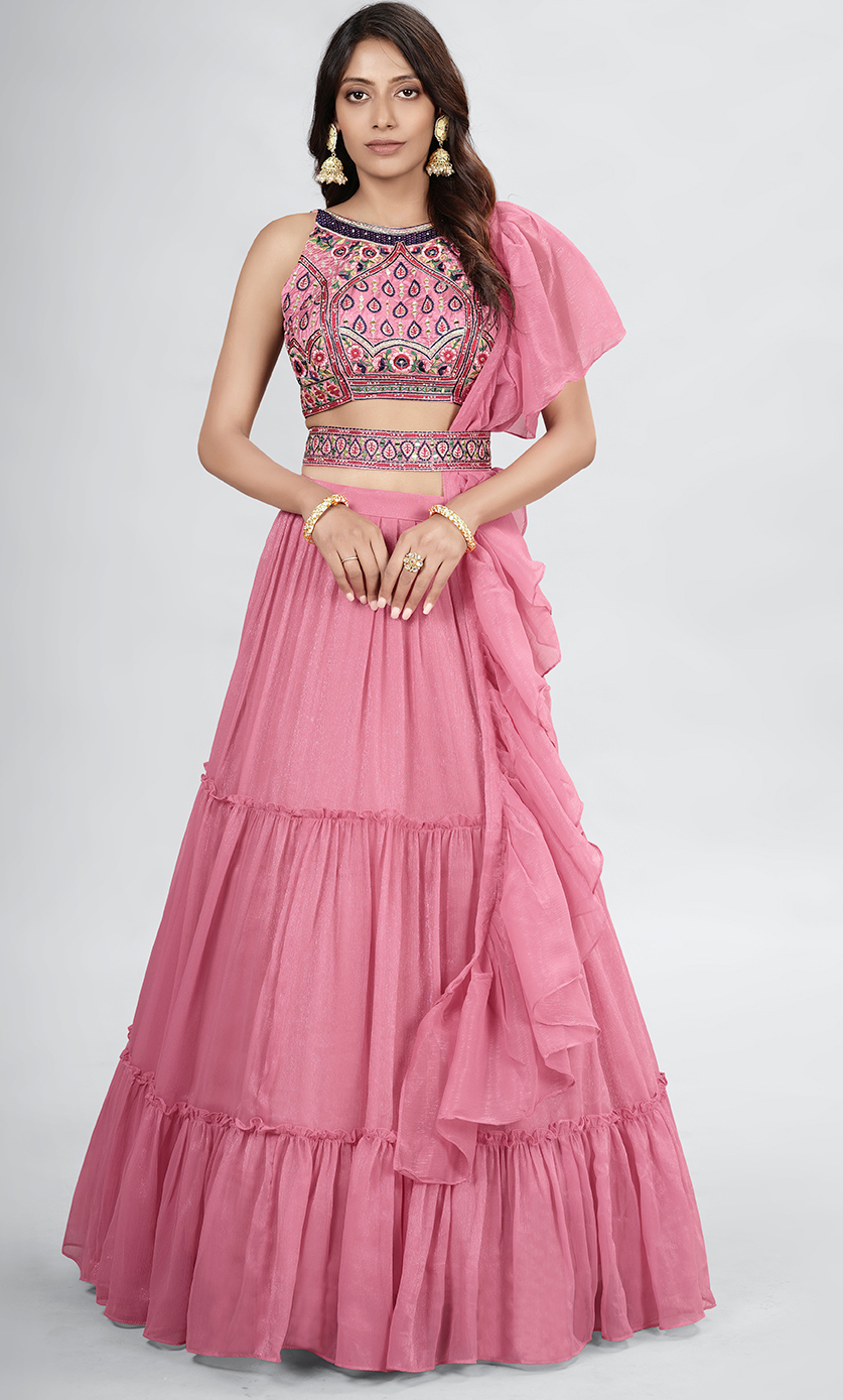 Buy Pink Net Fabric Embroidered Diwali Wear Lehenga Choli Online