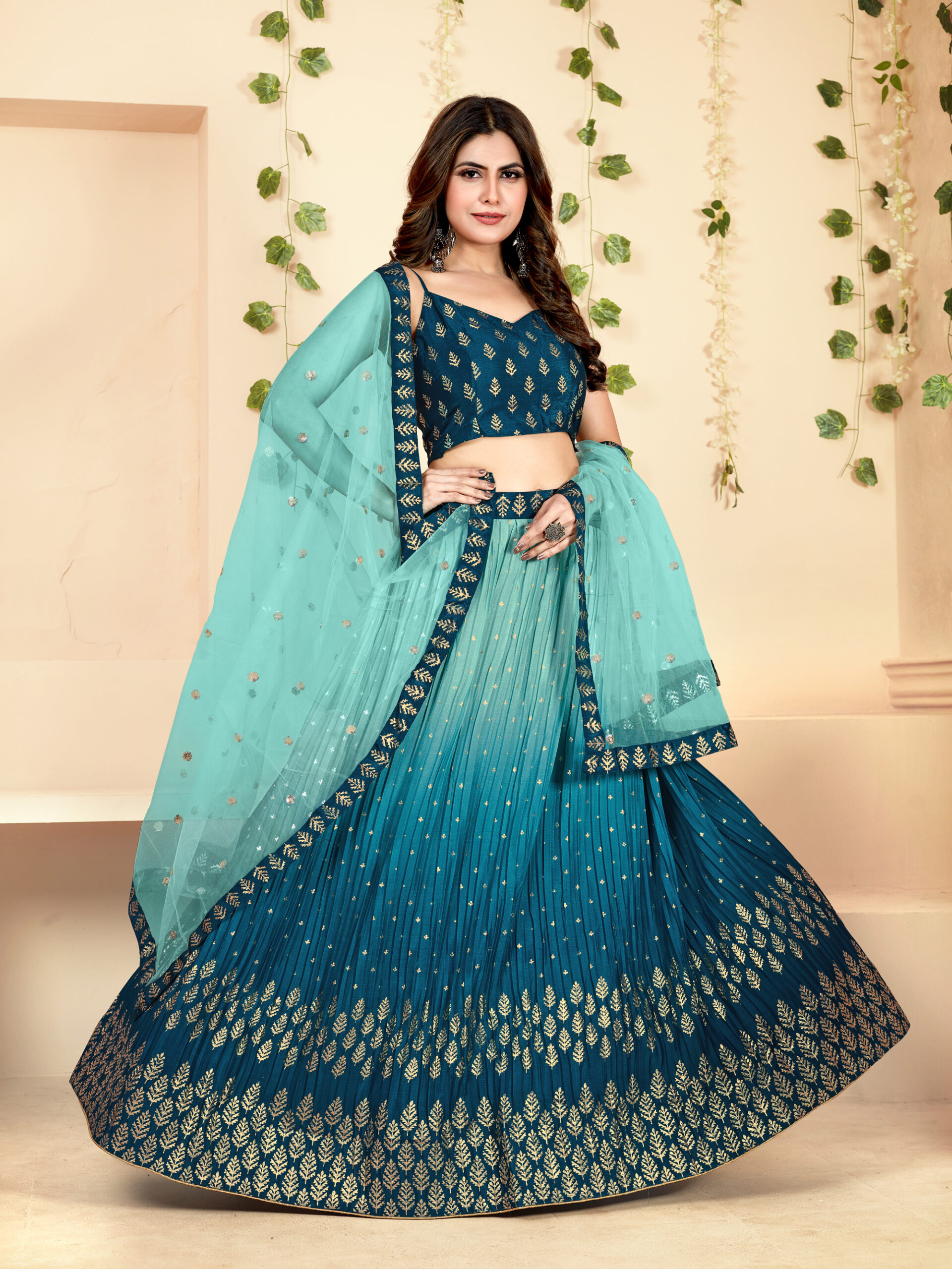 Embroidered Velvet Lehenga in Shaded Peach and Teal Blue : LNJ474