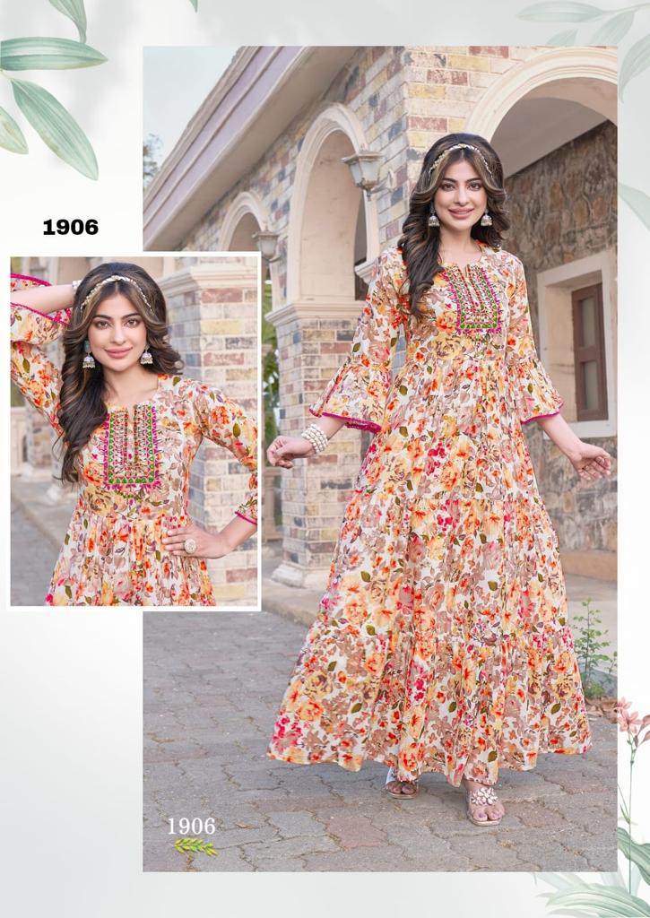 Stylish Floral Printed Anarkali Style Ankle Length Gown Kurti with Dori