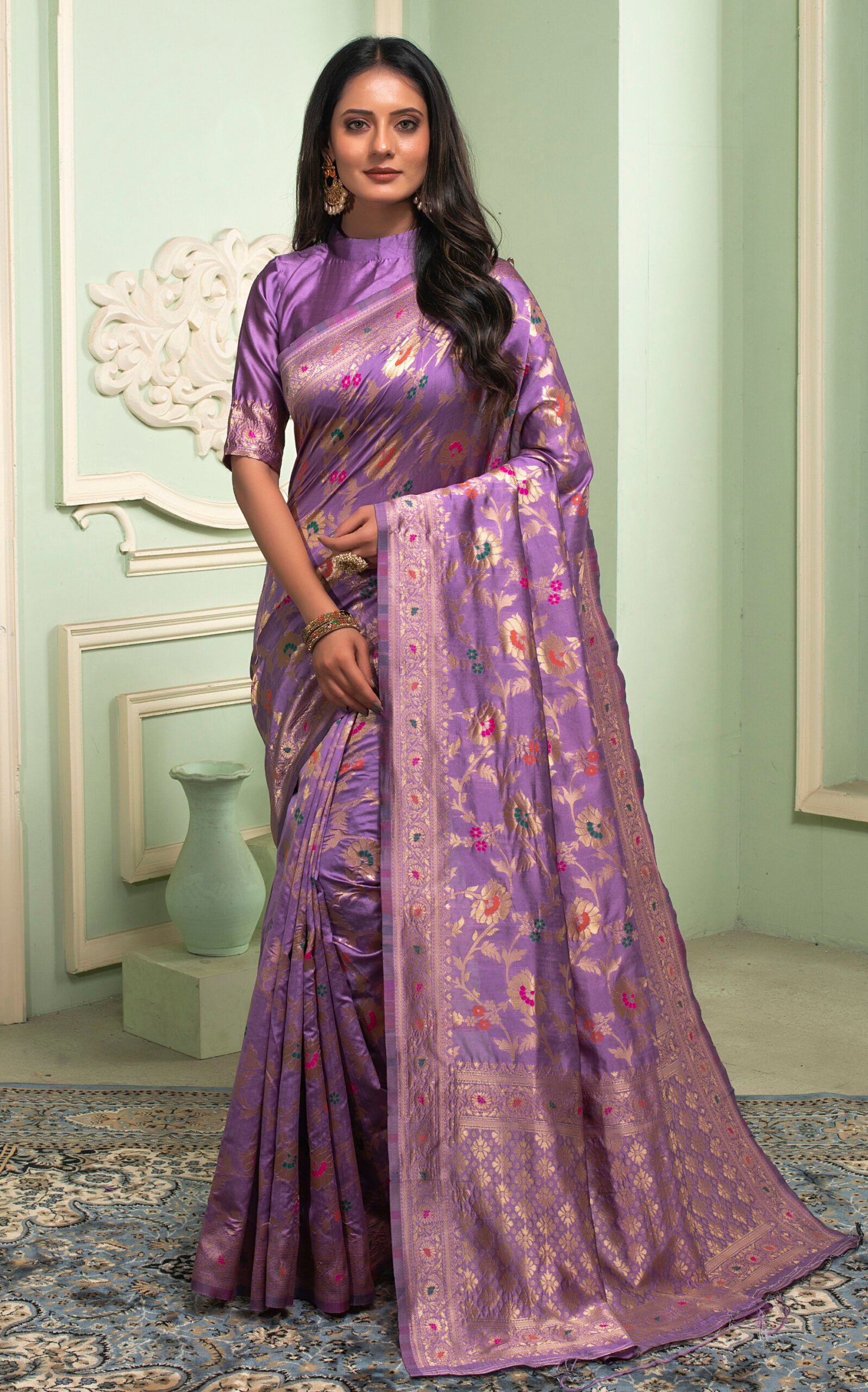 Violet Banarasi Saree With Stripes Pattern - Sri Arya Silks