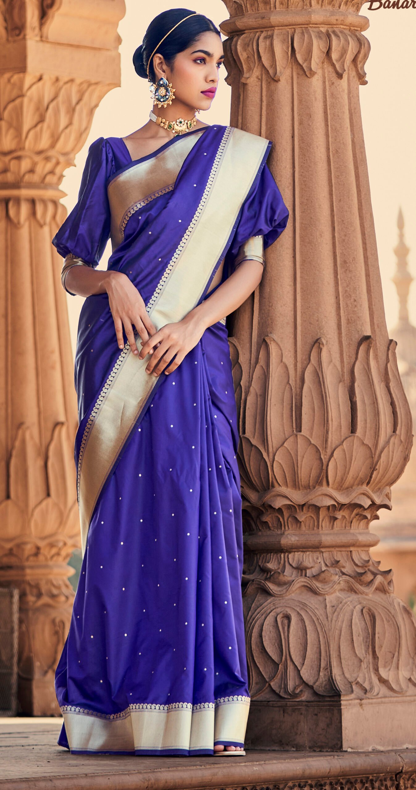 Handloom Ink Blue Pure Satin Silk Banarasi Saree With Border – WeaverStory