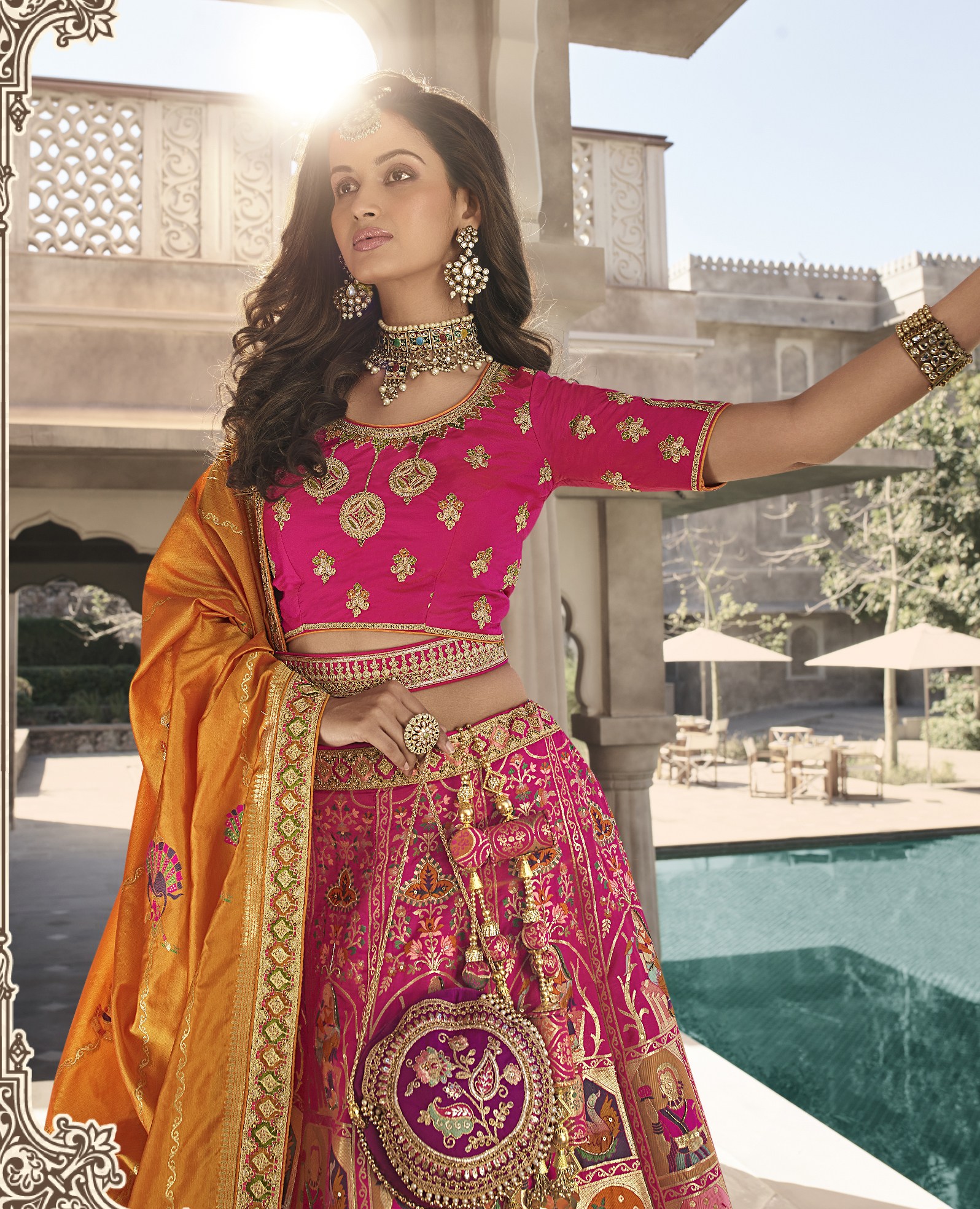 Buy Orange N Rani Pink Banarasi Silk Umbrella Lehenga Choli Festive Wear  Online at Best Price | Cbazaar