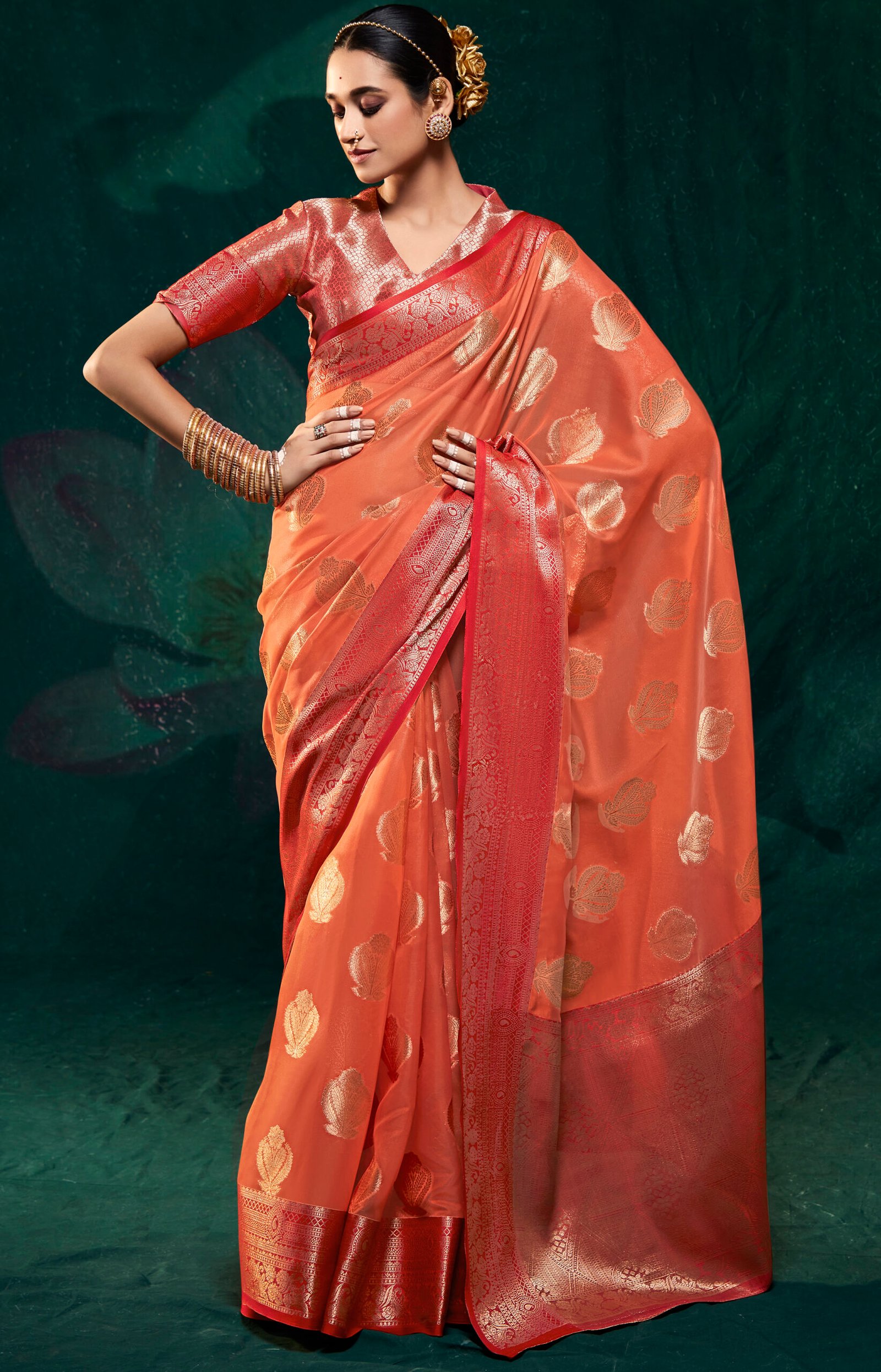 Orange Coloured Chiffon Bandhani Printed Saree | Leemboodi