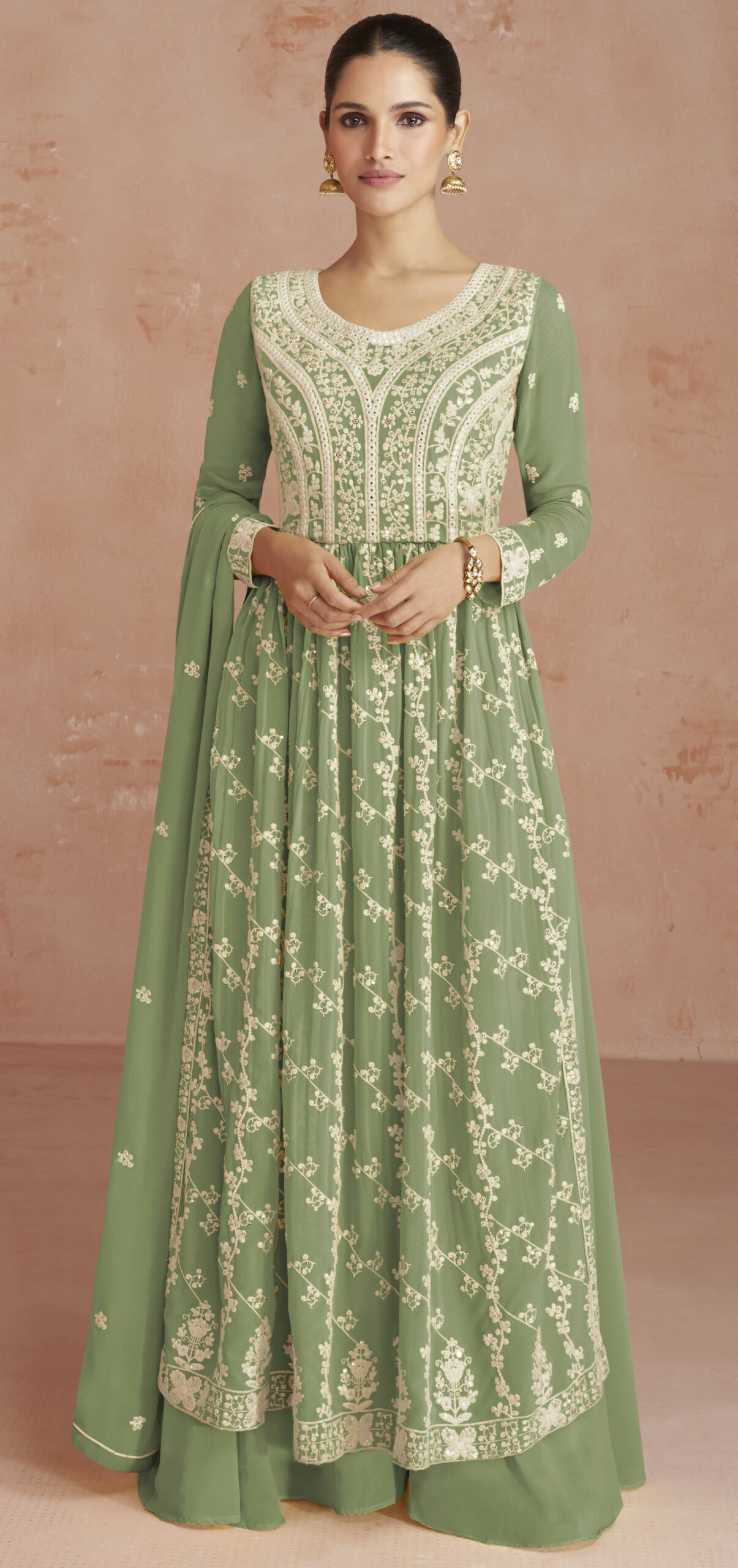 Stunning Designer Wear Green Colour Dress on Soft