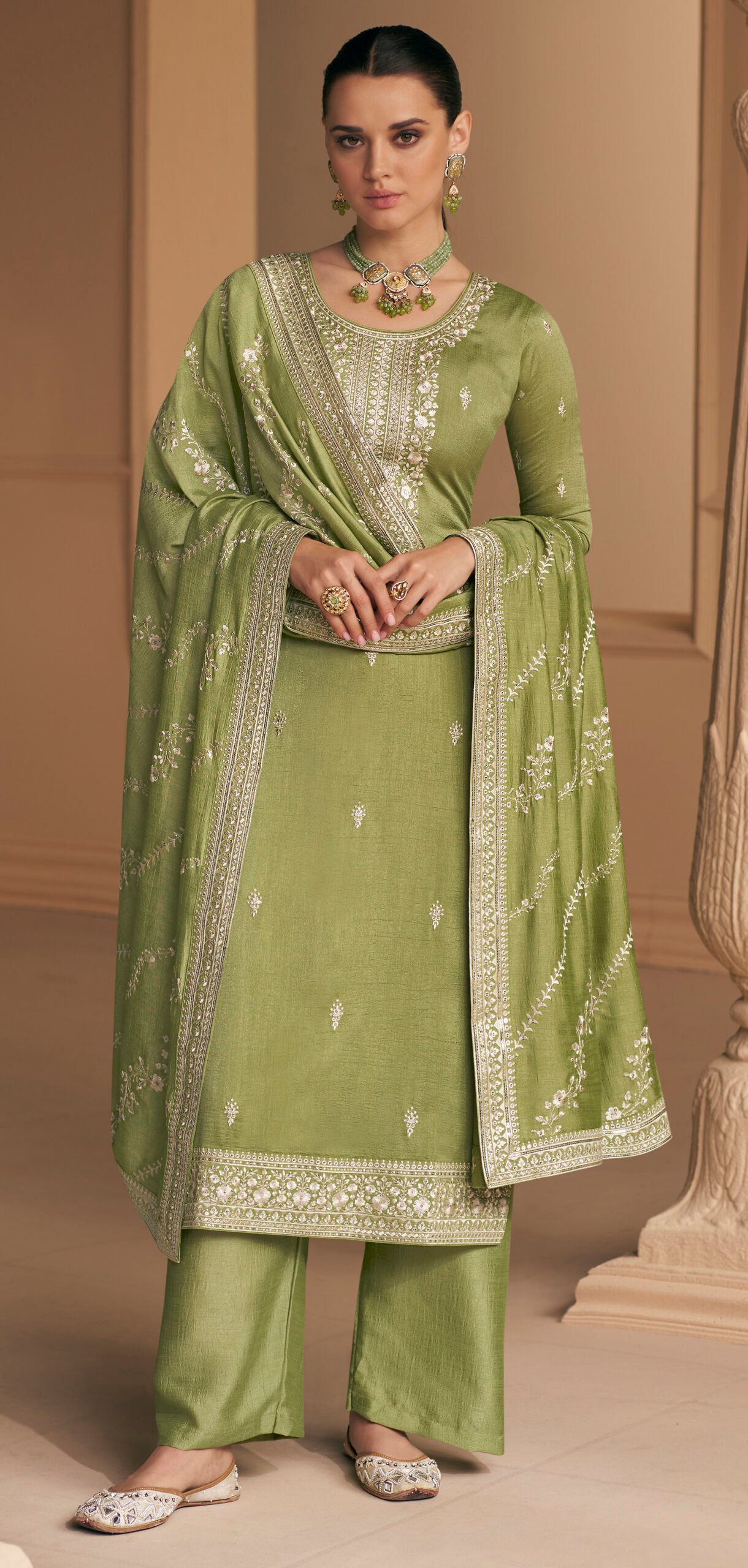 Party Wear Suits for Female in Olive Green