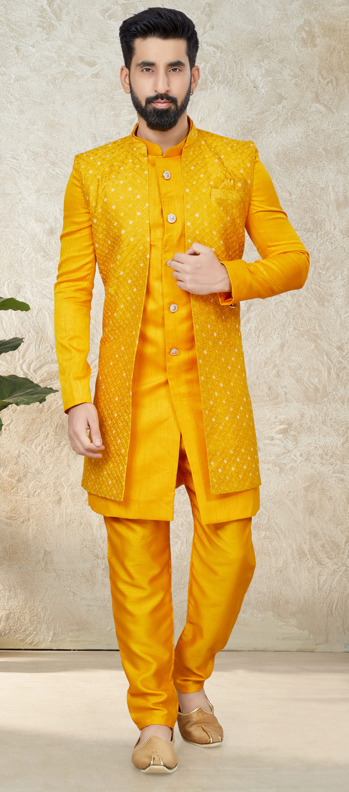 Indo Western Party Wear for Male in Mustard Yellow scaled