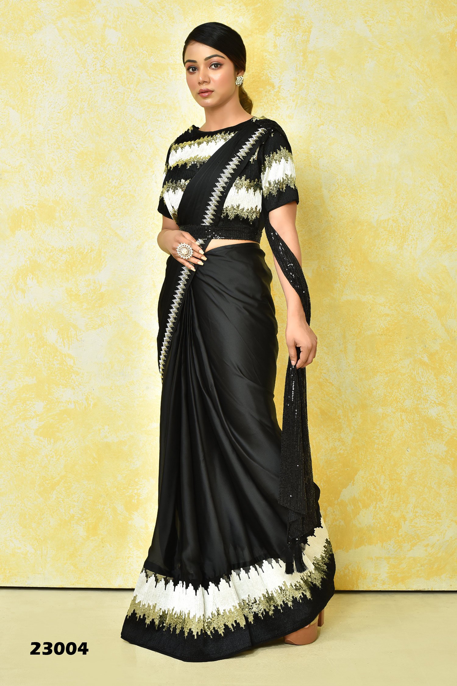 Black Designer Partywear and Wedding Saree with Golden Embroidery And  Bespoke -