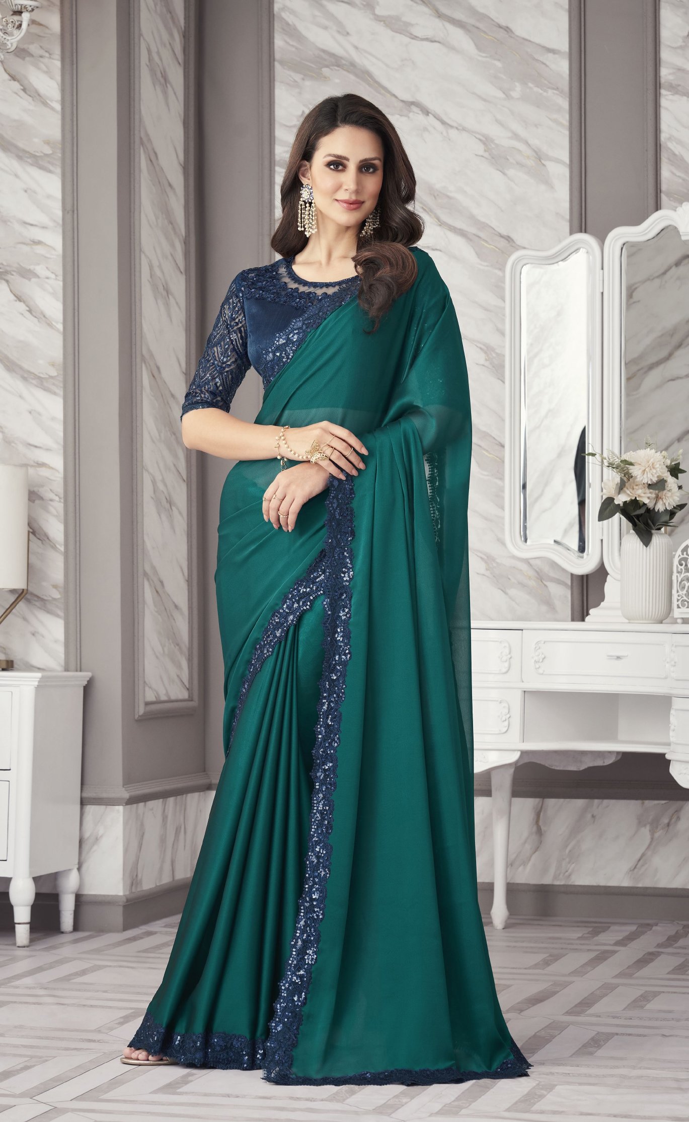Dark Green Banarasi Silk Saree With Floral Jaal Design | Singhania's