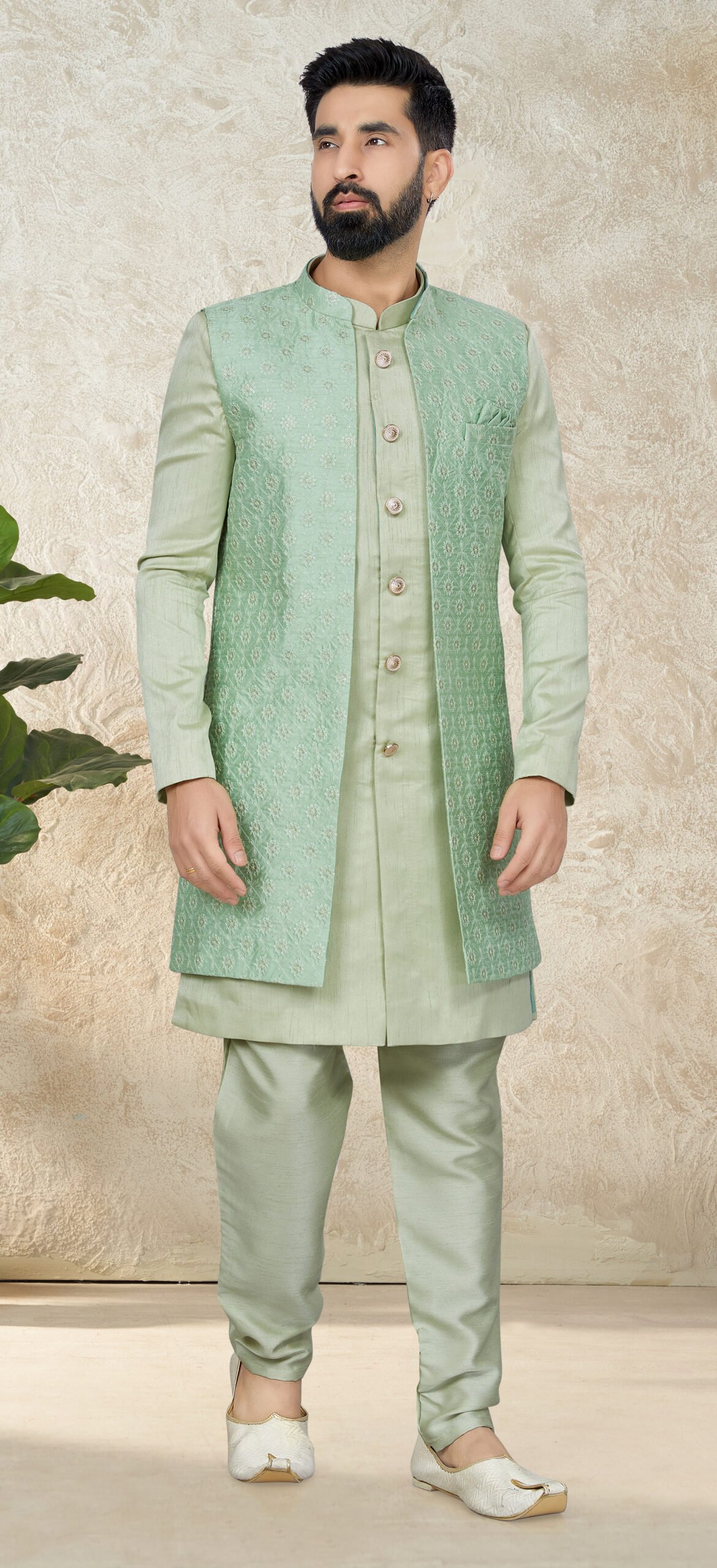 FAWZI - Maroon floral woven design nehru jacket with... | Facebook