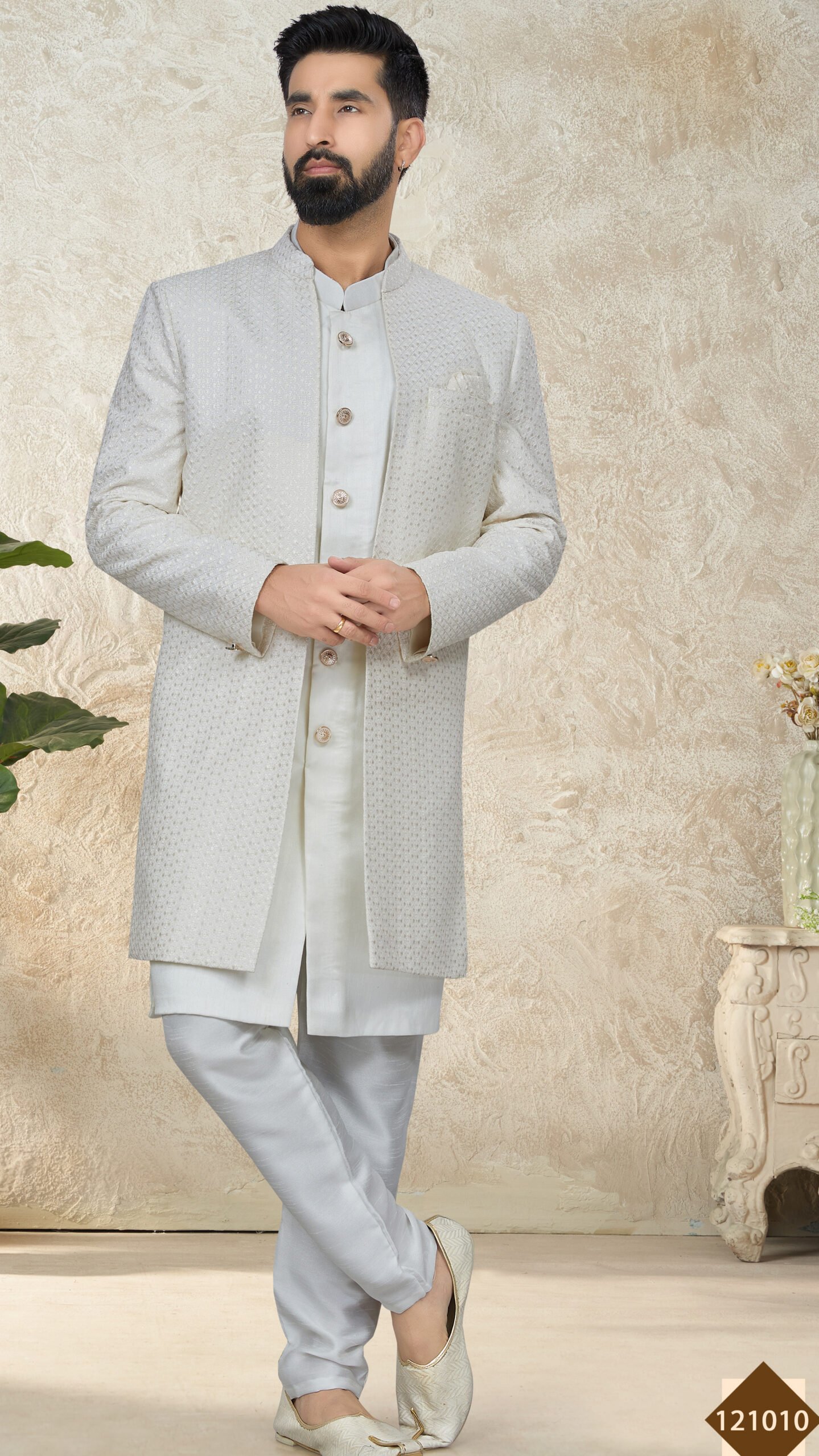 Mens Cream Embroidered Jacket Style Indo Western Sherwani 1032MW09