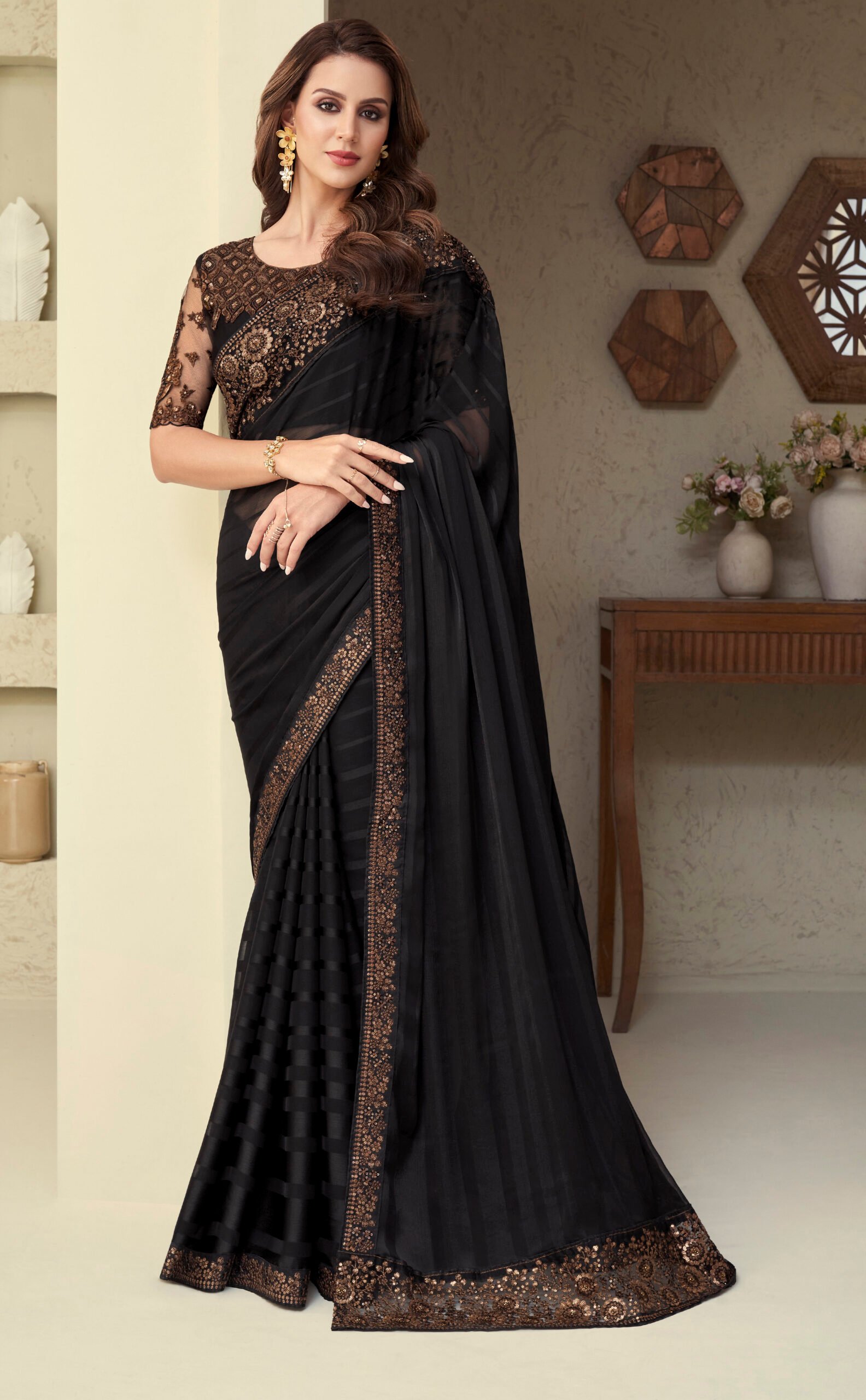 Party Wear Black Color Georgette Base Designer Saree