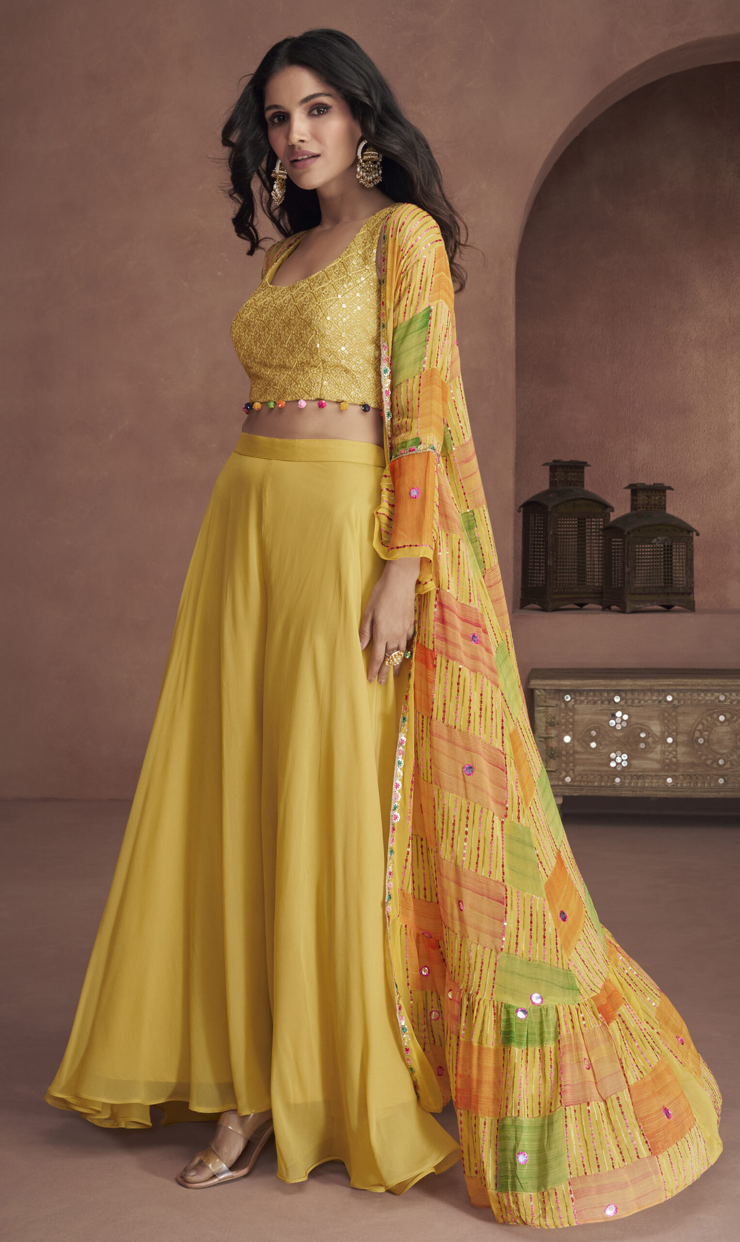 Haldi Gown in Georgette With Digital Print Bollywood Haldi Ceremony Gown |  Combination dresses, Floral print gowns, Printed gowns