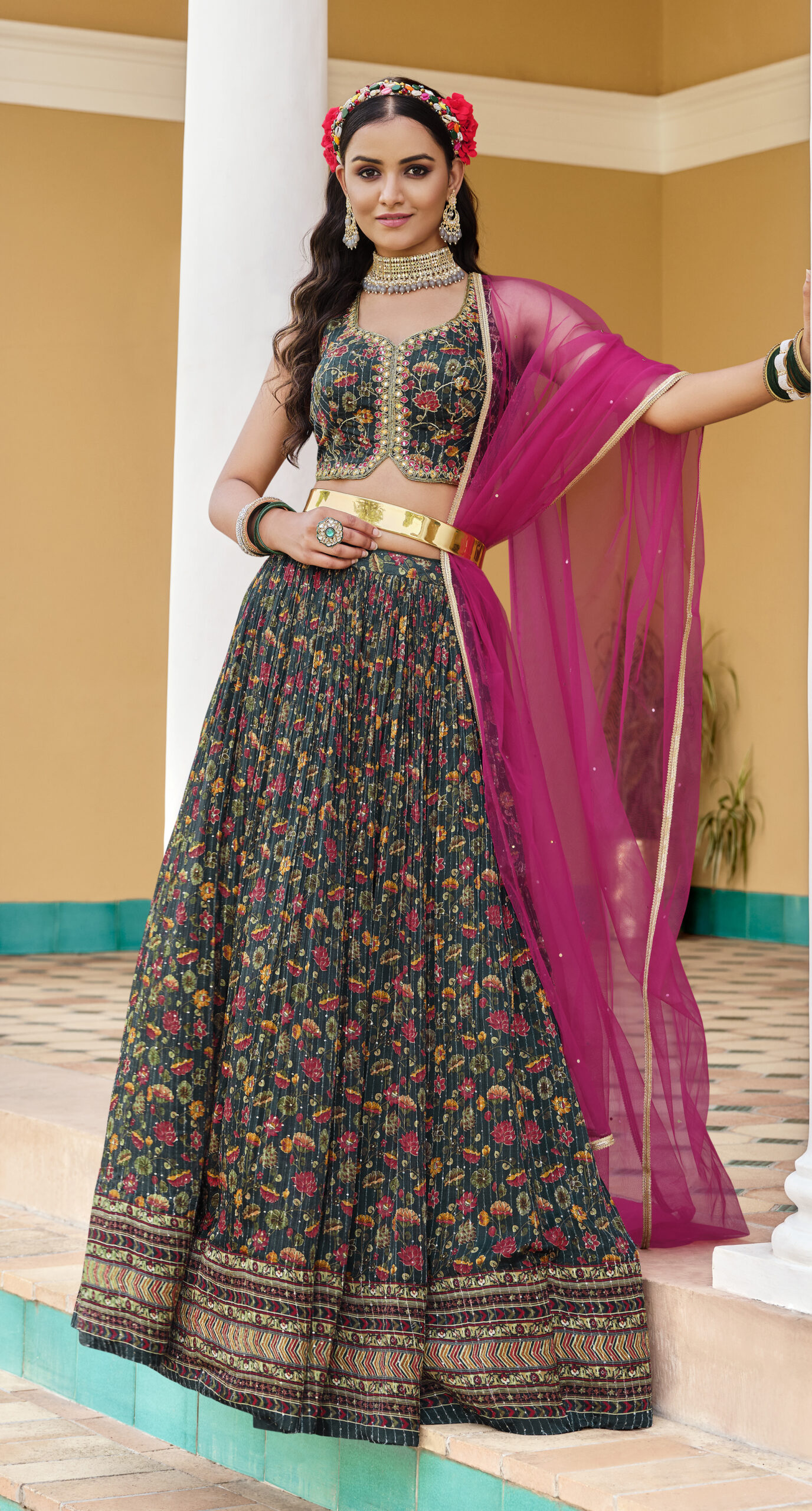Buy Pink georgette sequence heavy flare lehenga choli at fealdeal.com