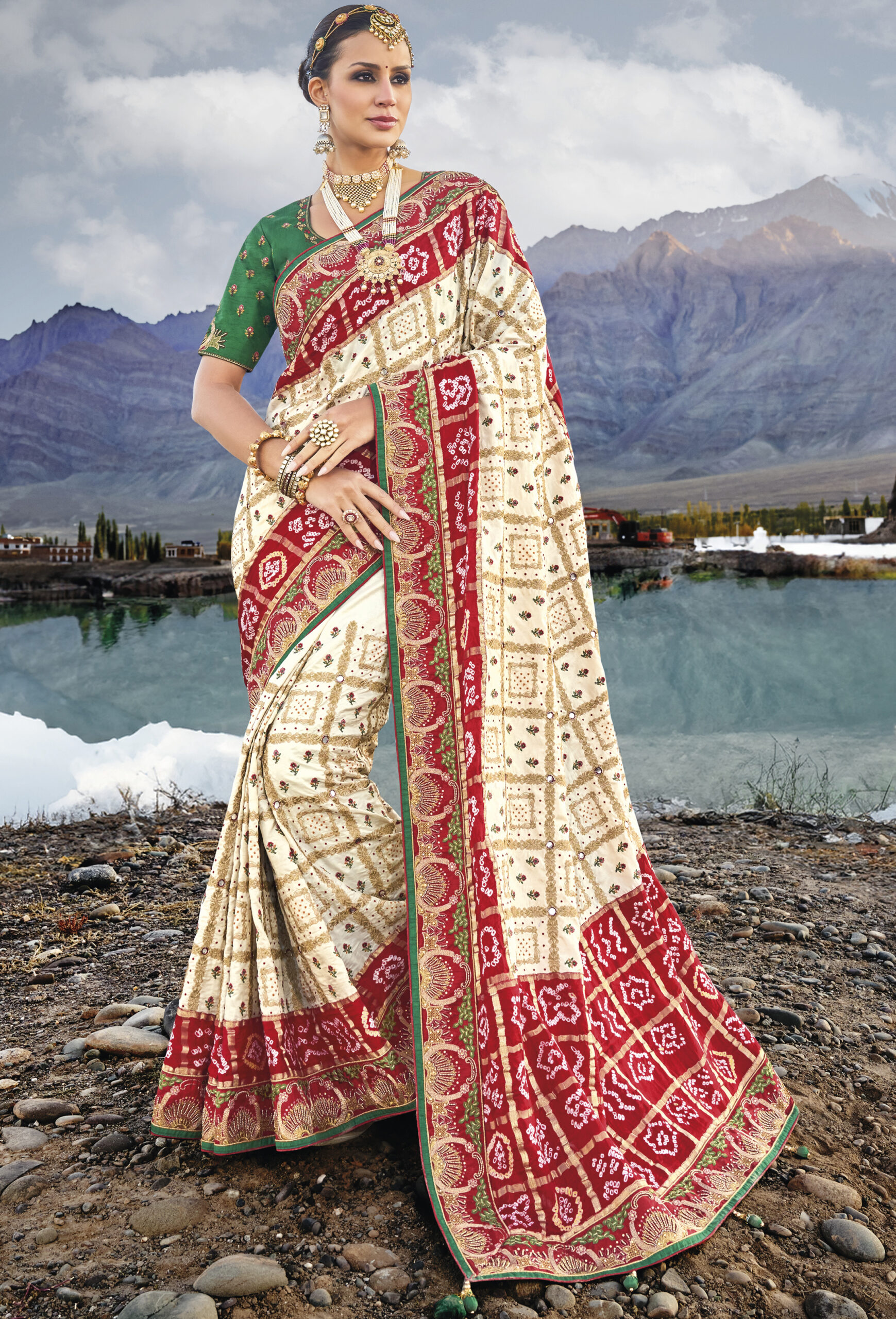 Bridal Red and Maroon, White and Off White color Silk fabric Saree : 1833007