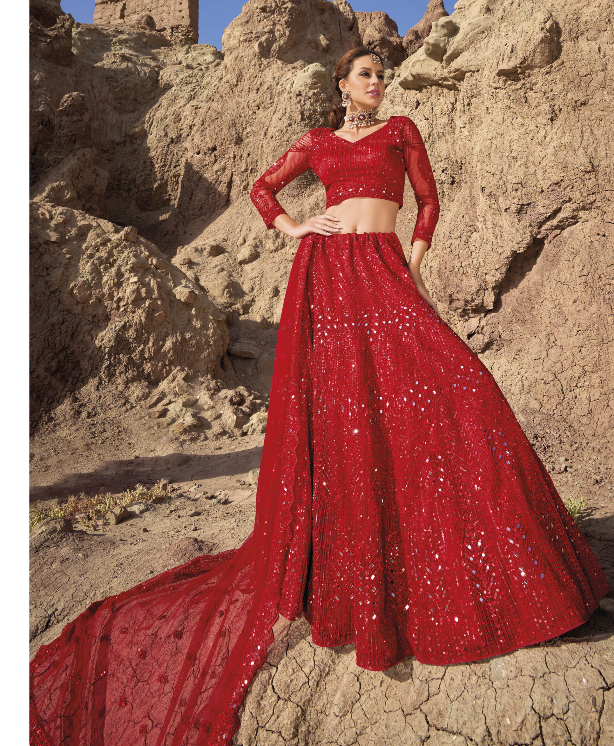 Georgette Fabric Red Color Stylish Look Sequins Work Lehenga