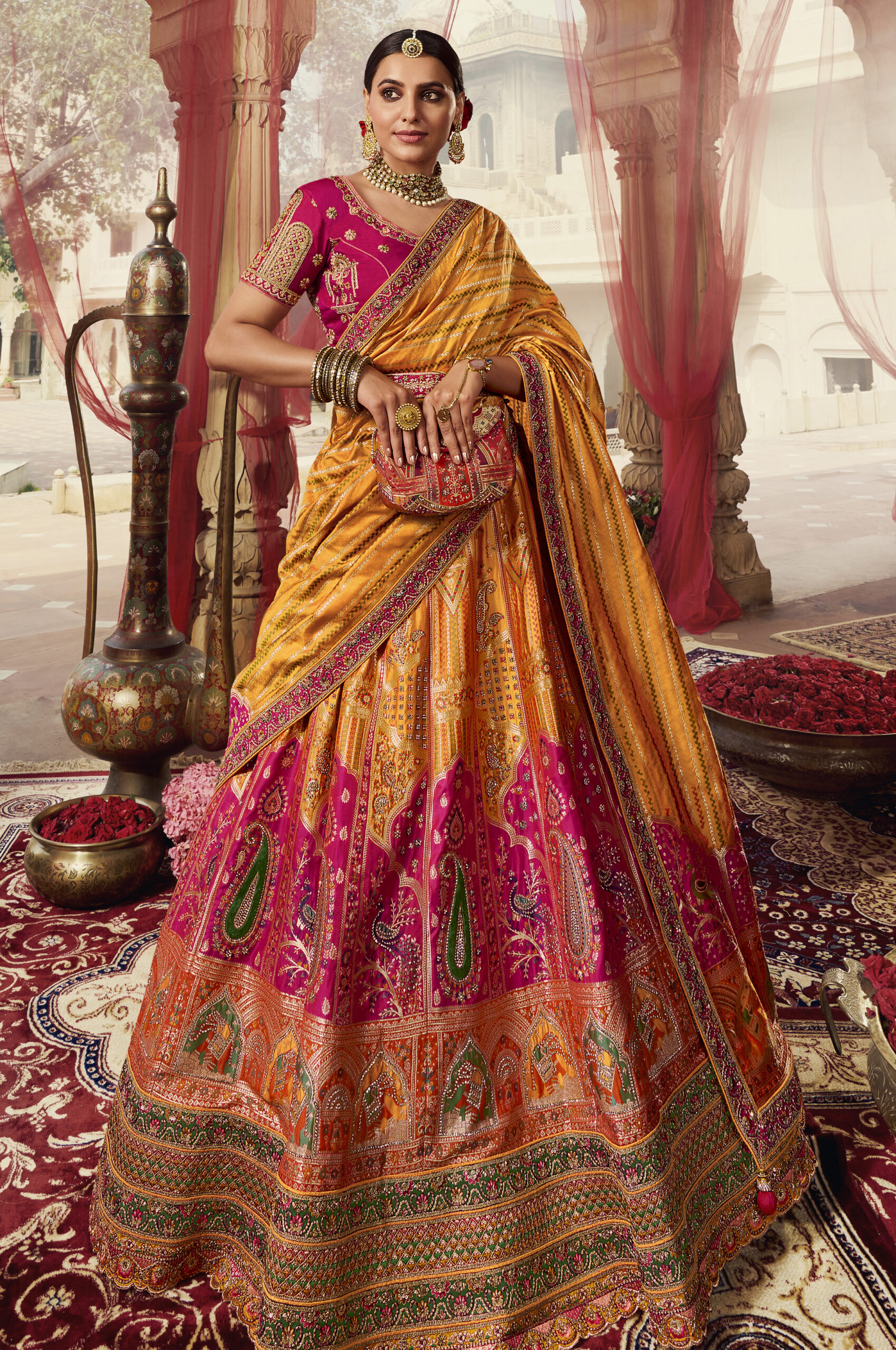 Orange & Pink Wedding Wear Woven & Embroidered Silk Lehenga Choli