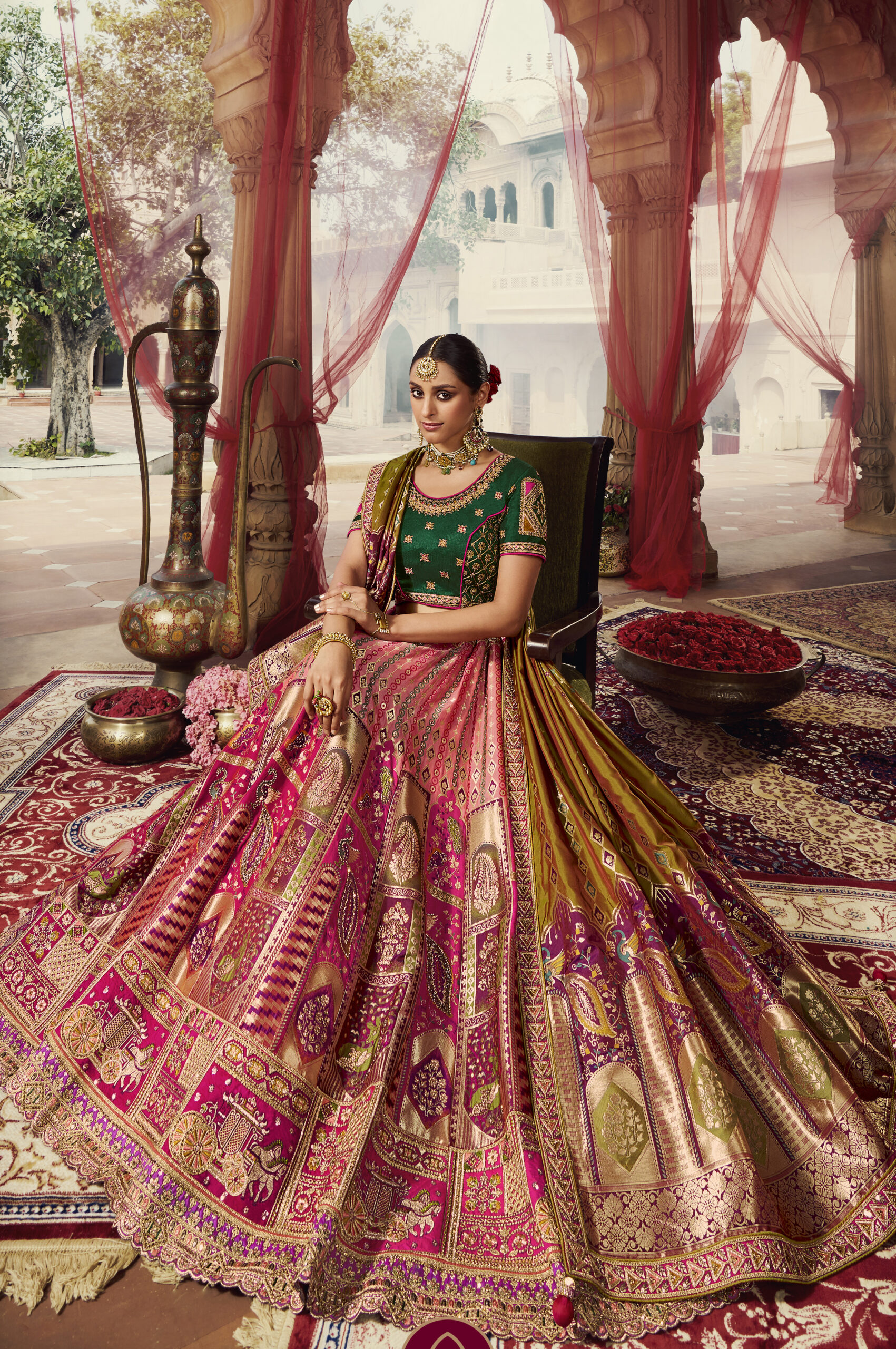 Buy Green and Pink Color Pure Silk Fabric Designer Lehenga Choli