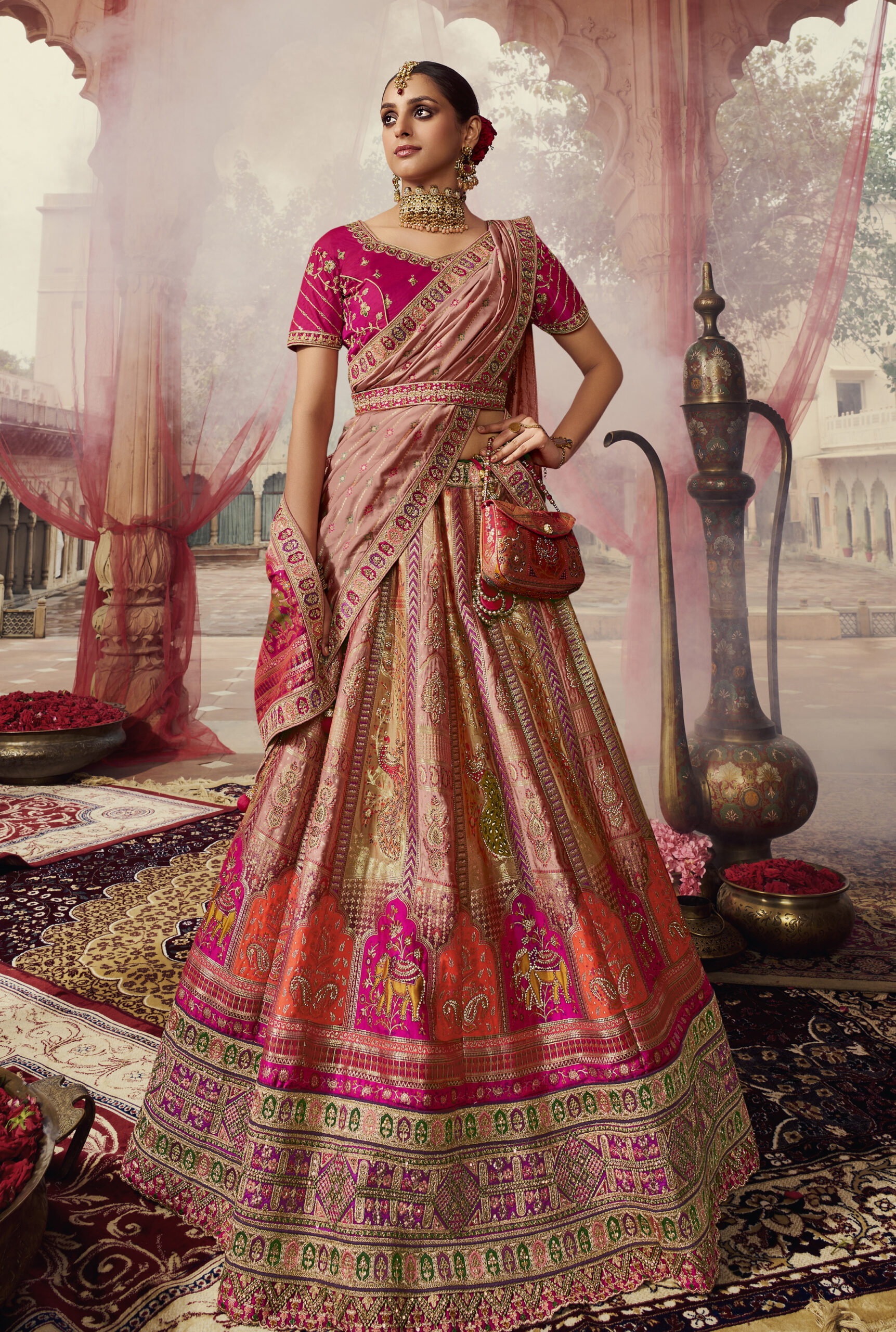 Buy Pink Net Silk Embroidered Work Wedding Wear Lehenga Choli Online