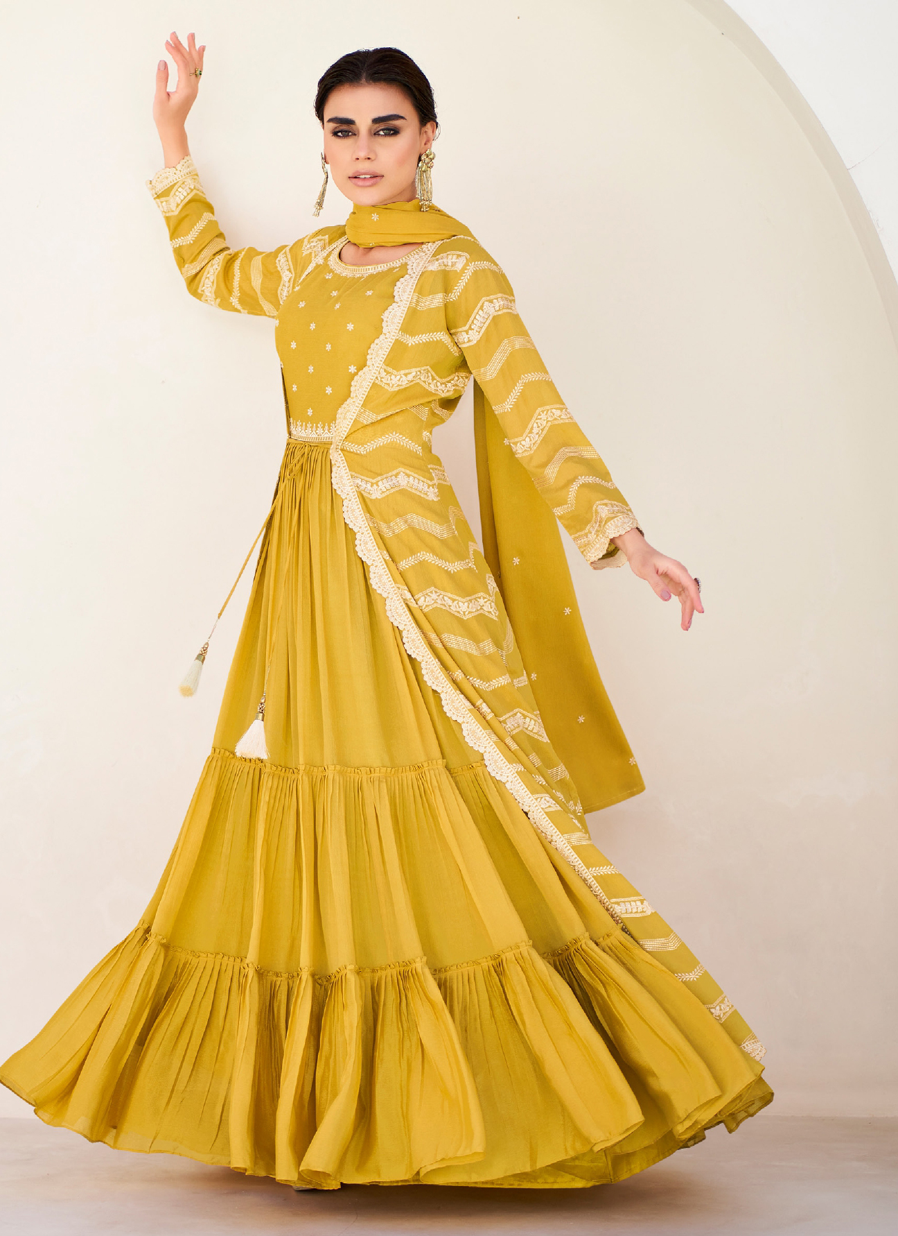 Buy Superior Mustard Yellow Net Partywear Gown | Inddus.com.