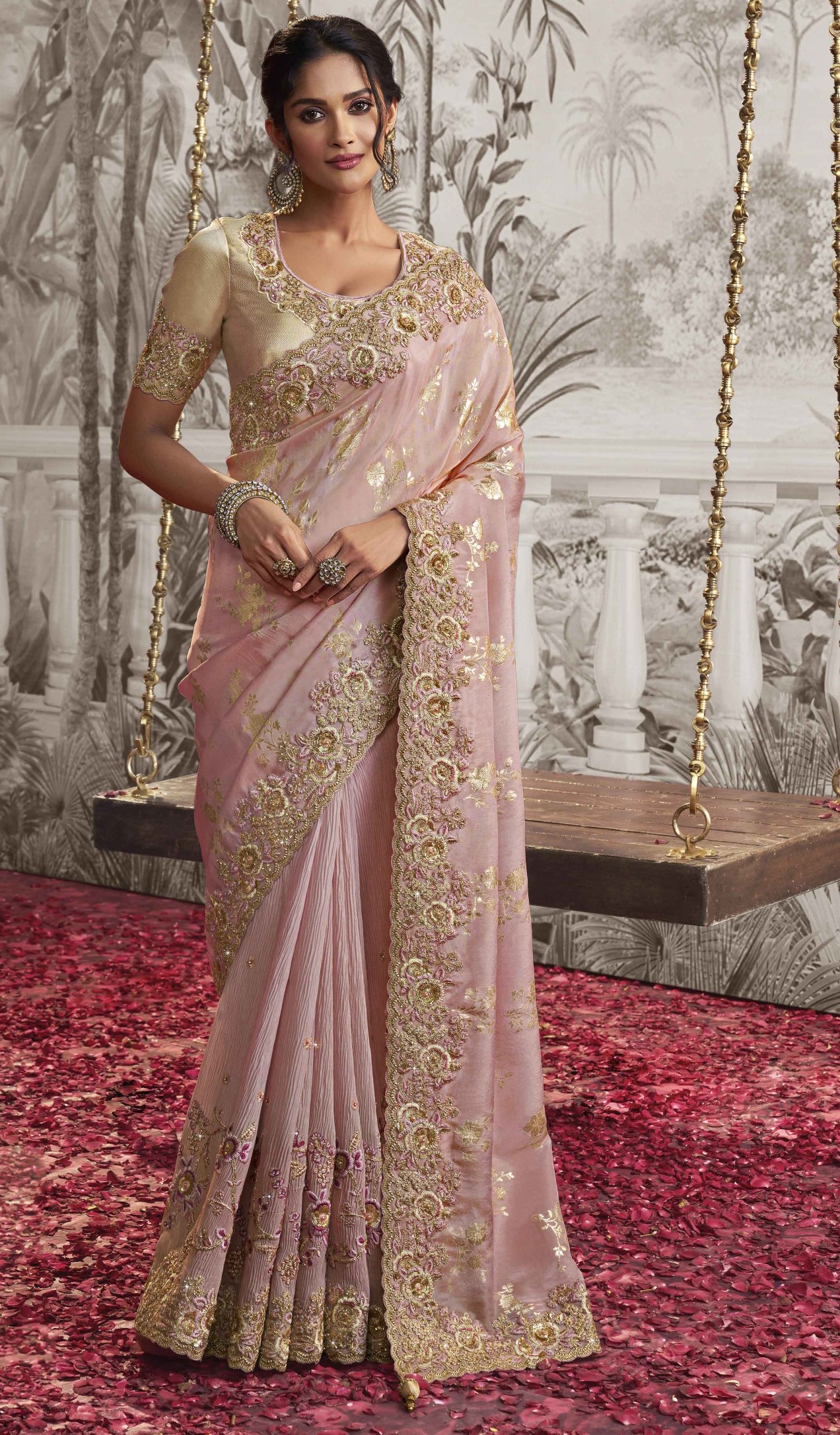 Borderless pastel pink kancheepuram designer silk saree with unique  designs, contrast pallu of rekku & seeppu rekku