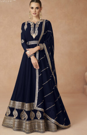 Anarkali Gown with Dupatta for Wedding in Navy Blue