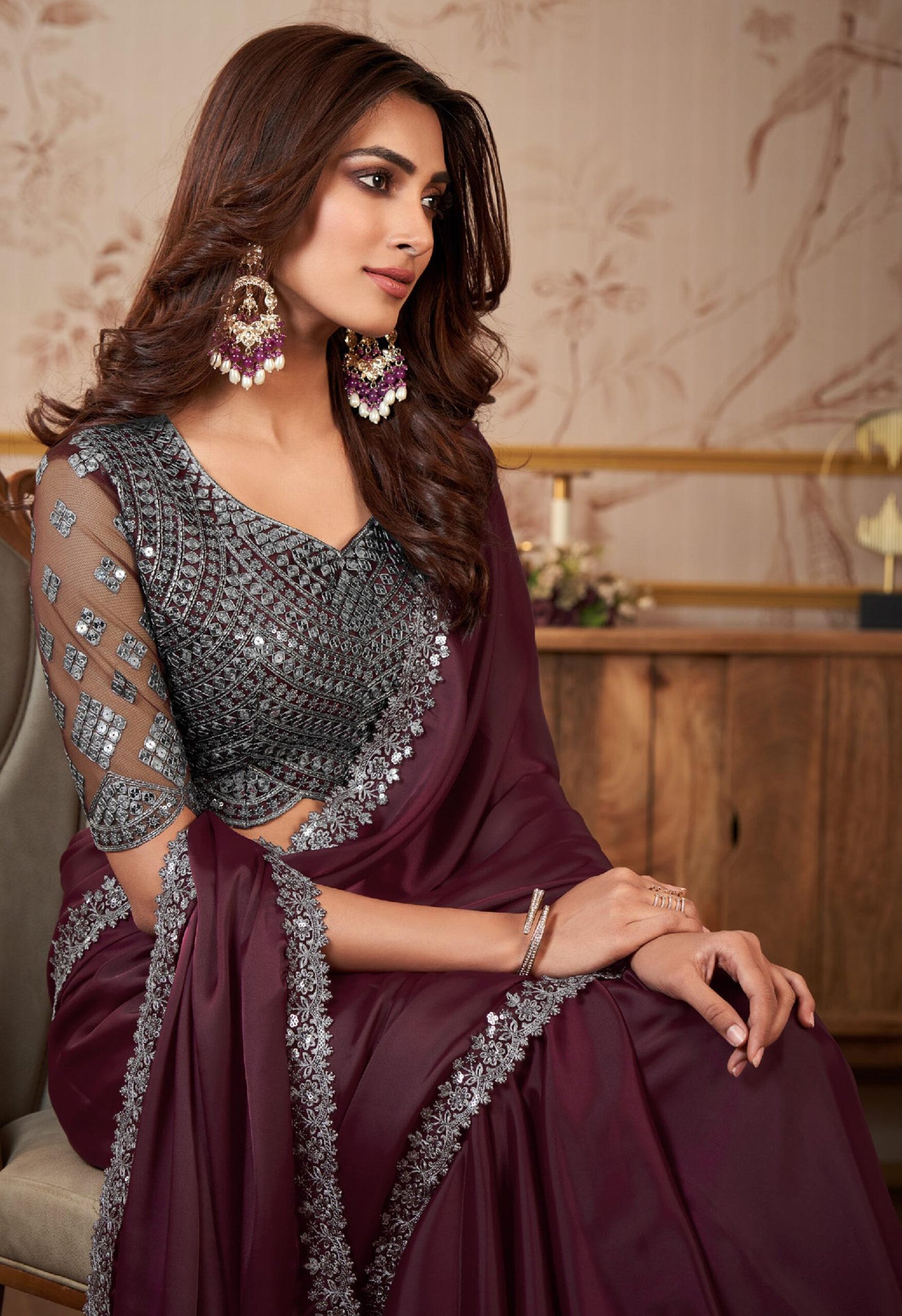 Coffee Colour Saree with Designer Blouse Maroon Saree