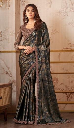 Designer Floral Print Saree with Contrast Designer Blouse