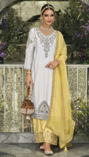 Designer Heavy Embroidered White Kurta Plazo Set with Contrast Dupatta