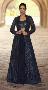 Indo Western Dress with Long Jacket for Party Wear in Navy Blue Colour