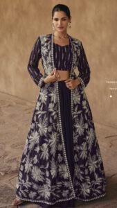 Indo Western Dress with Long Jacket for Party Wear in Purple WIne Colour Gown