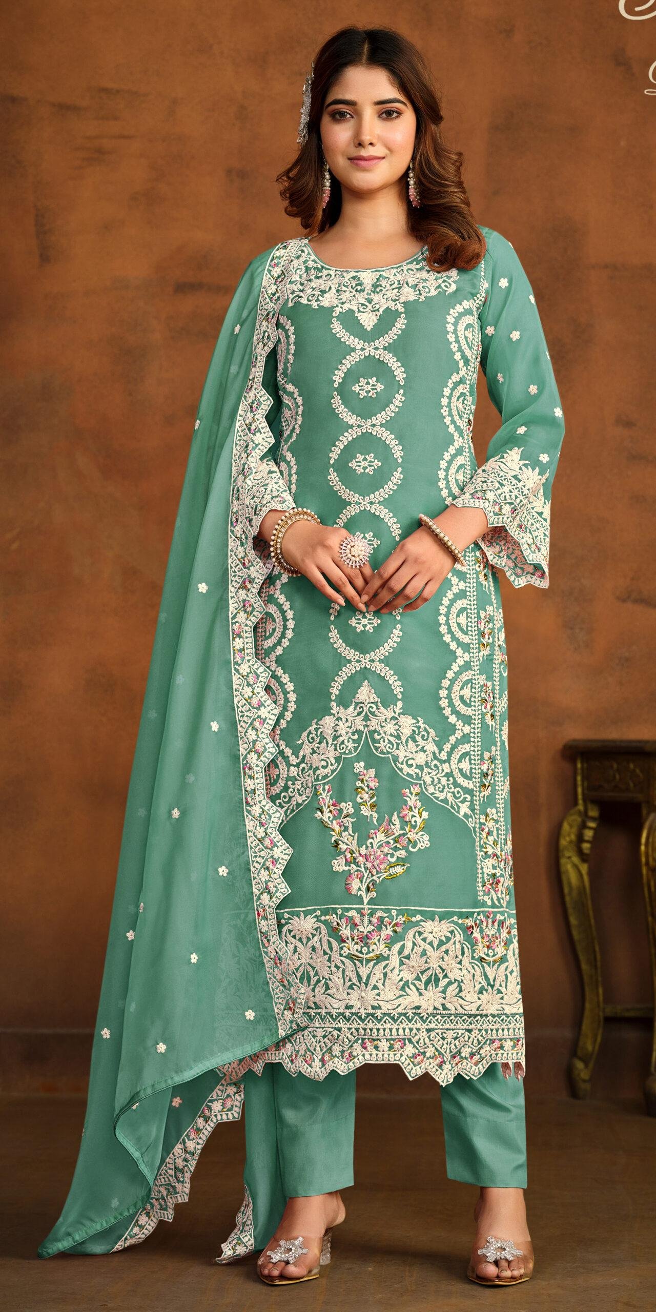 Light Green Designer Embroidered Party Wear Salwar Suit Palazo Suit Design (1)