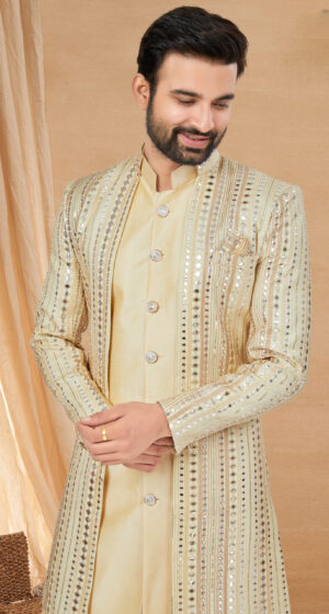 Marriage Kurta Pajama with Jacket for Wedding Beige Kurta Jacket