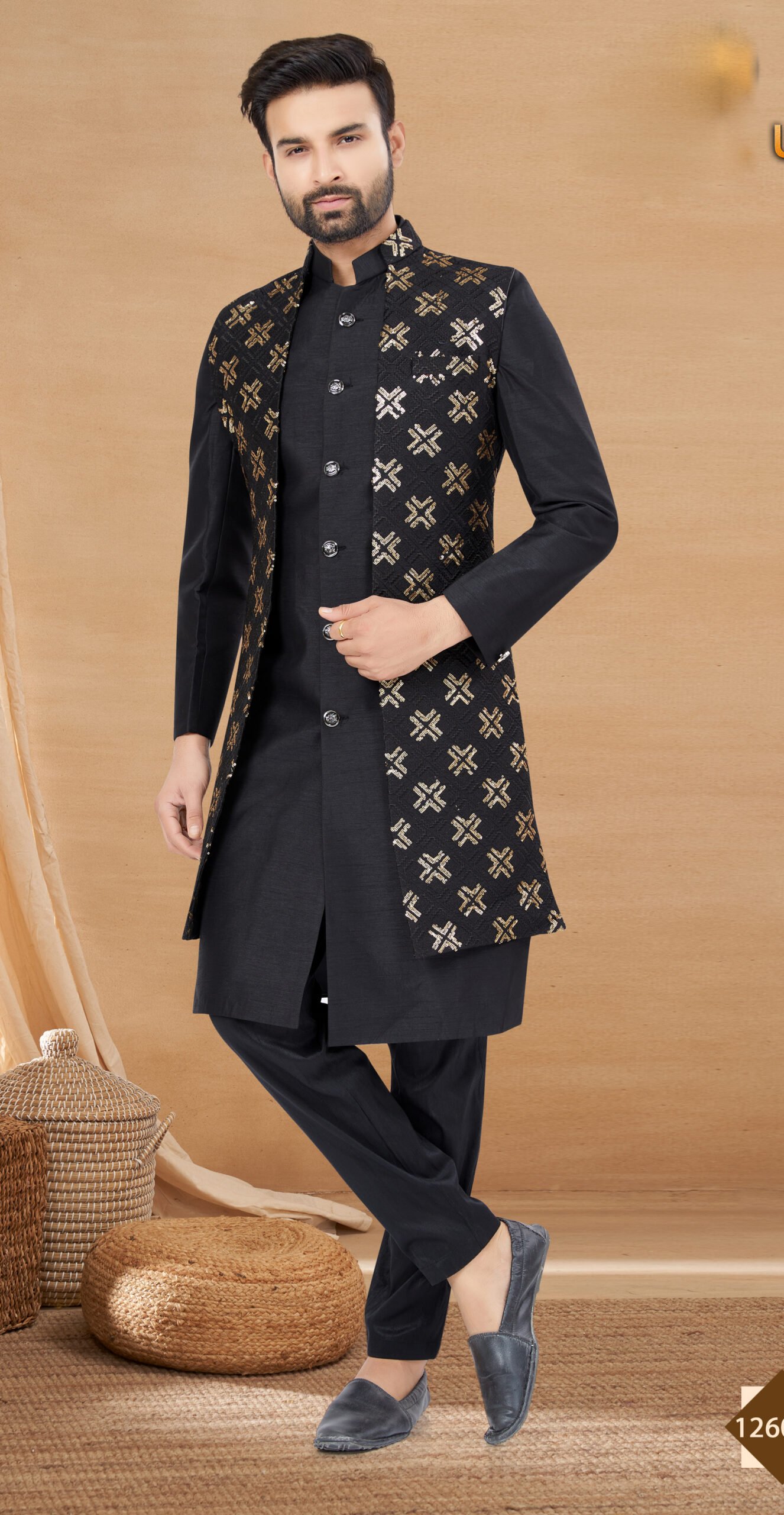 Marriage Kurta Pajama with Jacket for Wedding Black Color