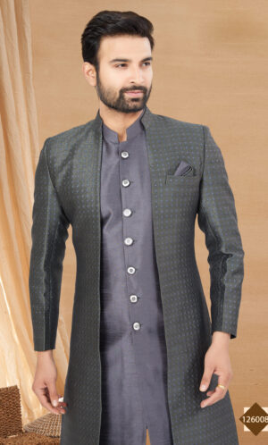 Marriage Kurta Pajama with Jacket for Wedding Grey Colour