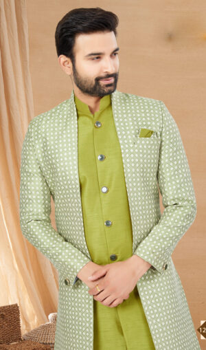 Marriage Kurta Pajama with Jacket for Wedding Jacket Set Olive