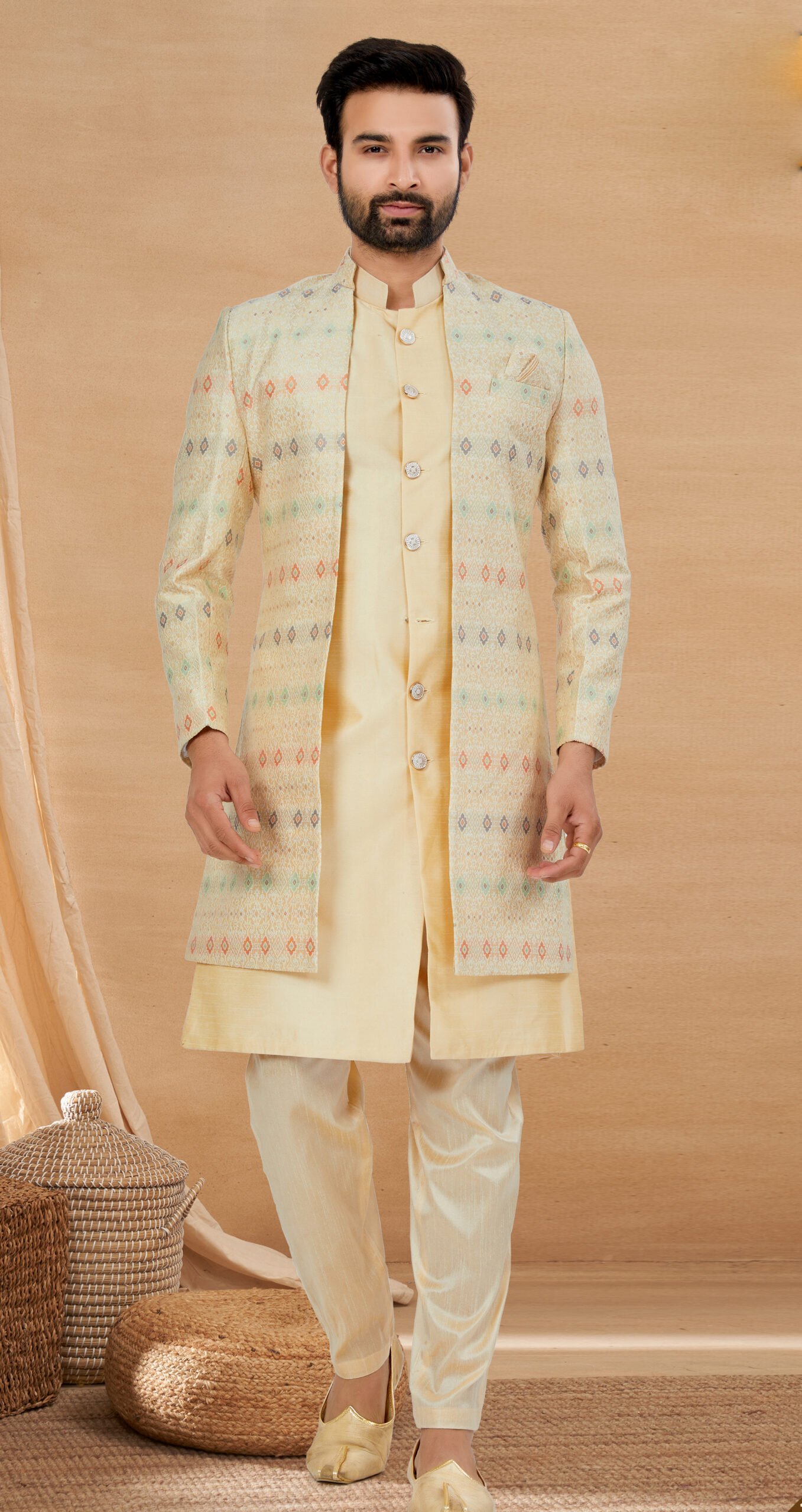 Marriage Kurta Pajama with Jacket for Wedding Off White Colour