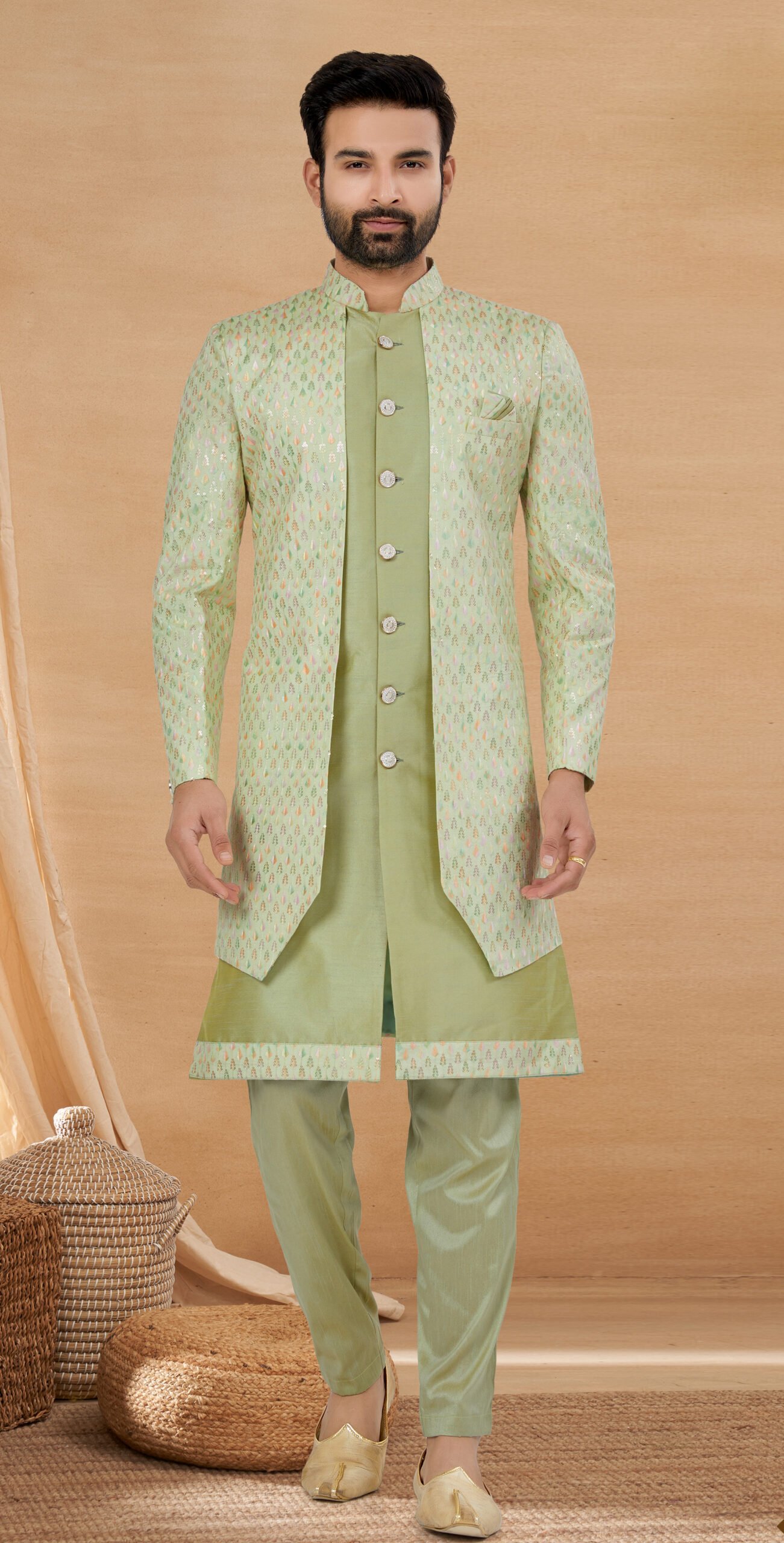 Marriage Kurta Pajama with Jacket for Wedding Olive Green