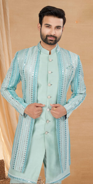 Marriage Kurta Pajama with Jacket for Wedding Pastel Blue