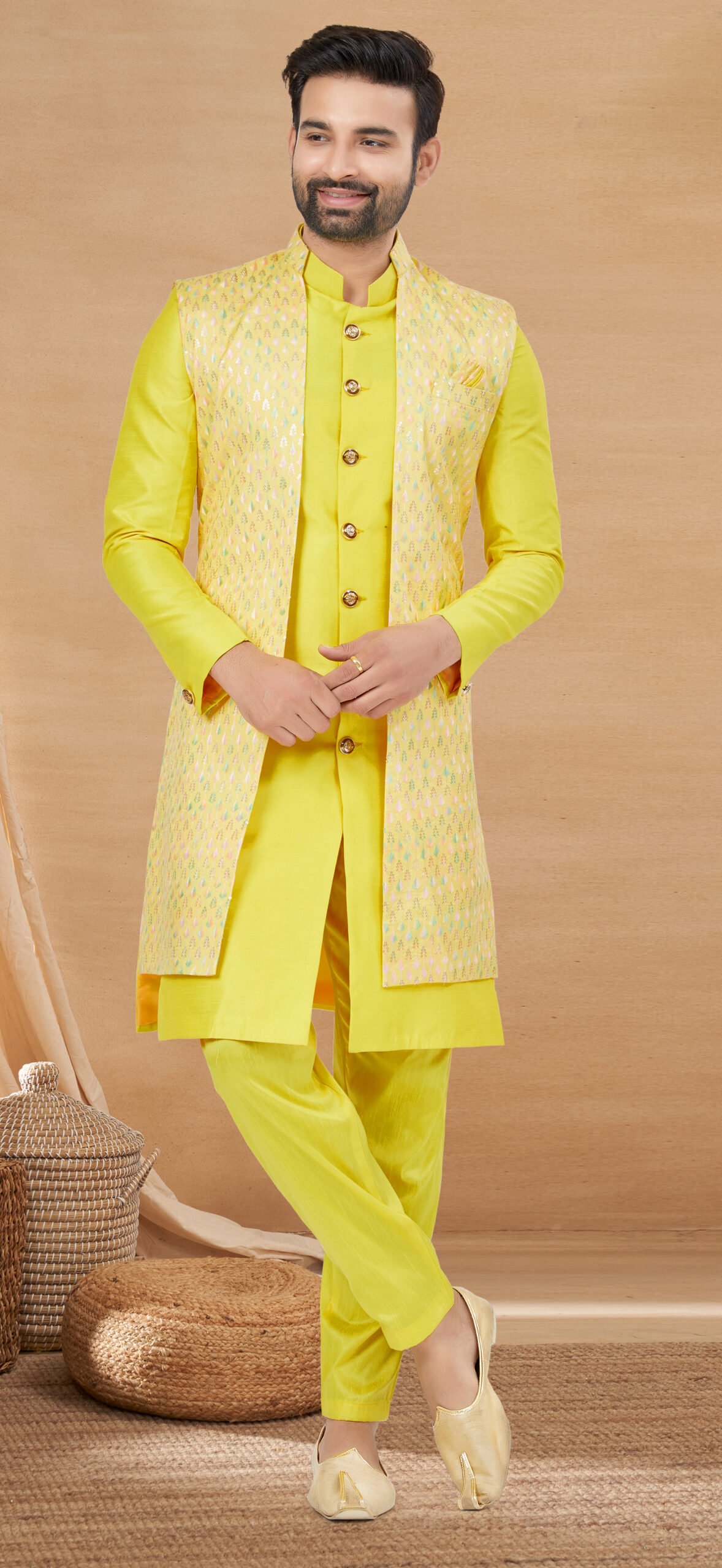 Marriage Kurta Pajama with Jacket for Wedding Yellow Colour