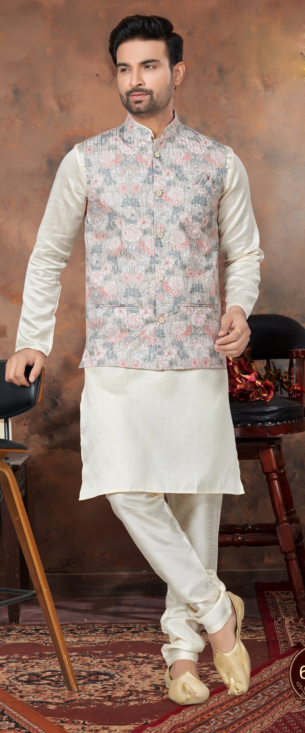 Cream Kurta Pajama With Nehru Jacket Set