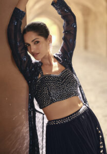 Party Wear Crop Top with Shrug Long Jacket Indo Western Lehenga Dress