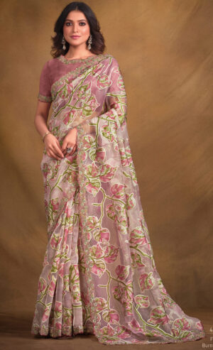 Party Wear Fancy Desiagner Saree Burning Tissue Pink