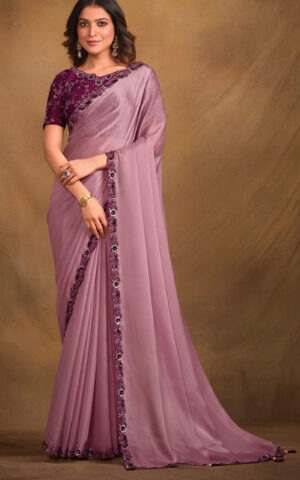 Party Wear Fancy Desiagner Saree Satin Silk Saree Lilac Pink