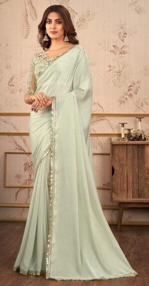 Pista Green Saree with Desinger Blouse for Ladies Sangeet Saree