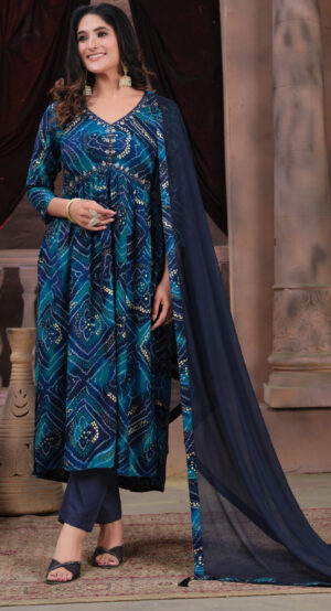 Reyon Cotton Latest Designer Frock Suit Anarakli Kurta Pant Bandhani