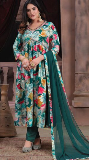 Reyon Cotton Latest Designer Frock Suit Anarakli Kurta Pant Set Multicolour