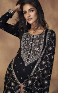 Silk Designer Heavy Embroidered Readymade Kurta Plazo Set Black